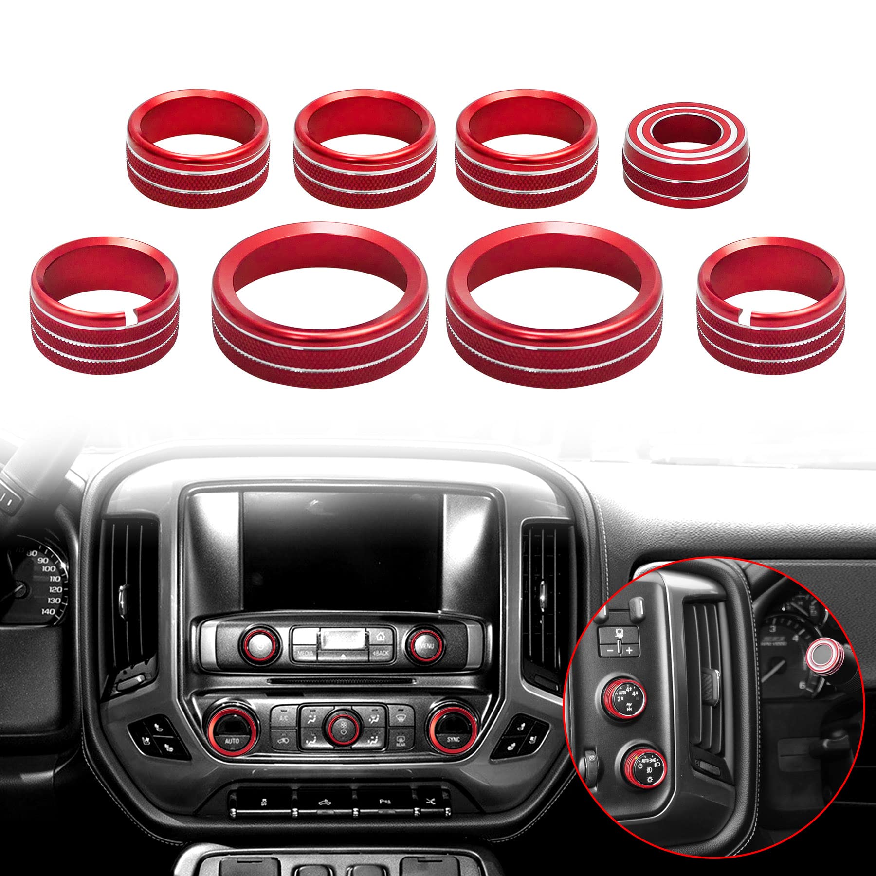 Premium Aluminum Alloy AC Knobs & Center Console Switch Button Covers for Chevy Silverado & GMC Sierra 2014-2018 - 8PCS Red (Upgrade Interior, Easy Installation) - Perfect for Off-Roading, Daily Commuting & Custom Car Modifications