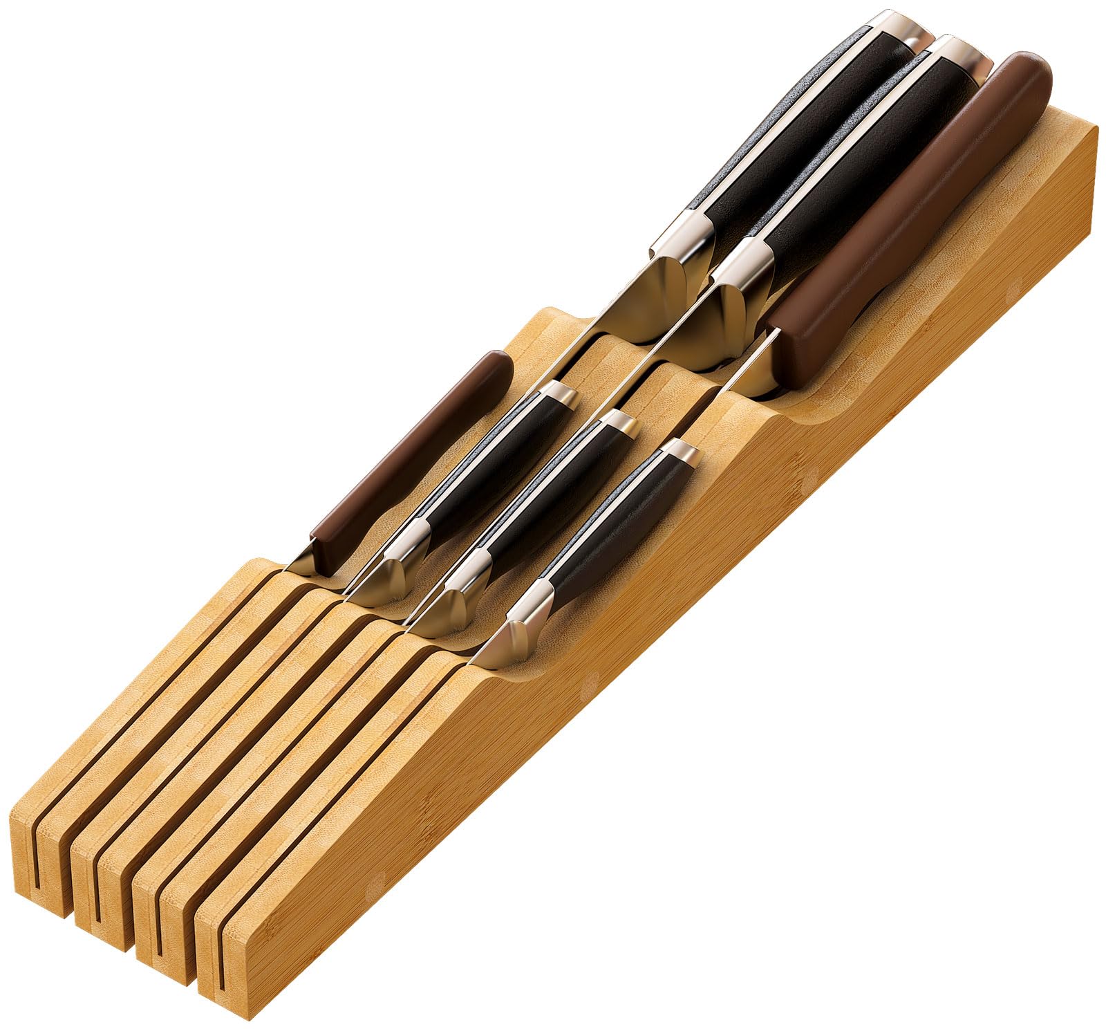 Bamboo Knife Drawer Organizer - 7 Slot Wooden Knife Block for Kitchen Knives | Perfect for Kitchen Drawer Storage & Knife Organization