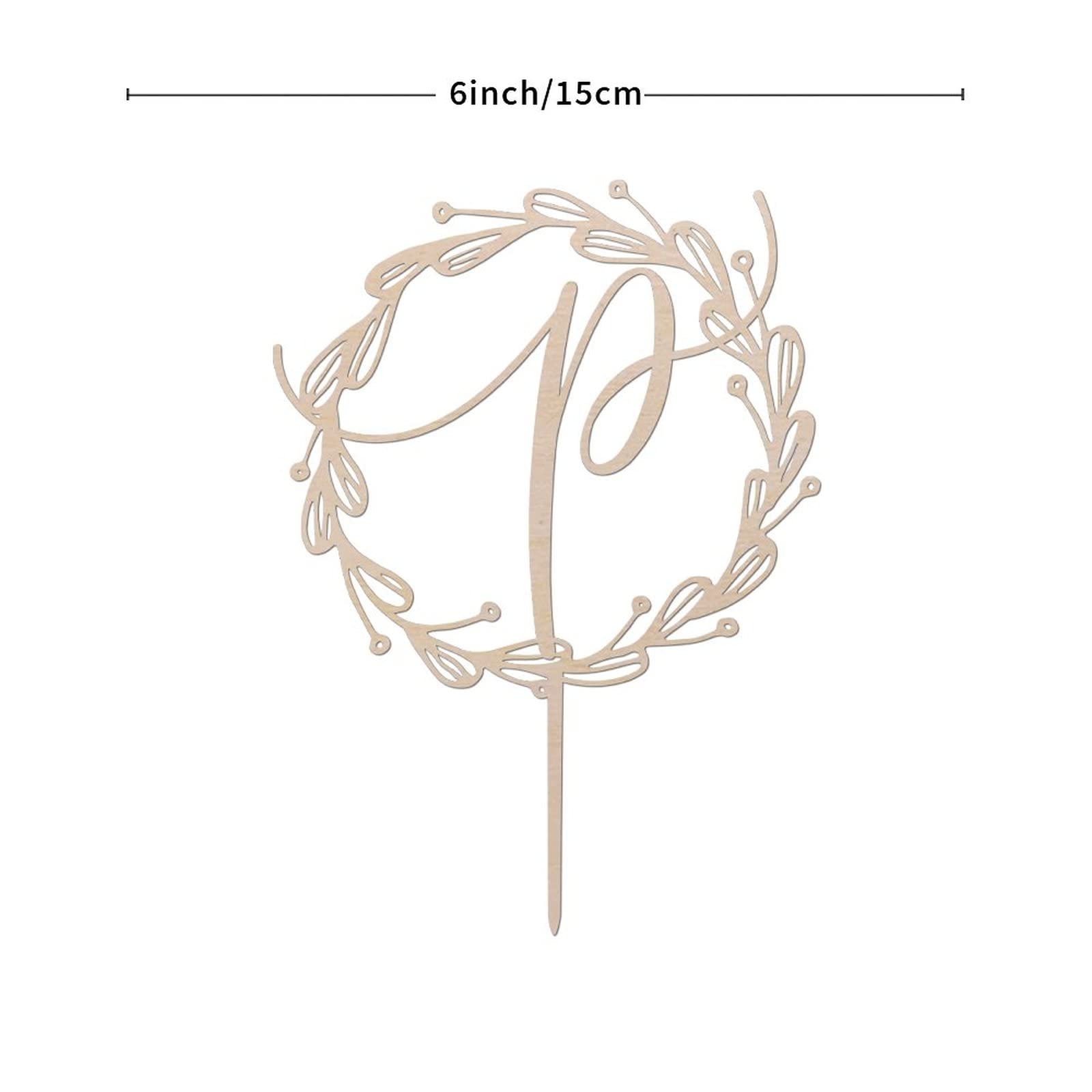 Personalized Wooden Monogram Cake Topper - Rustic Wreath Letter P for Wedding & Birthday Cake Decoration - Handmade Custom Initial Cake Decor (Design 07) | Perfect for Rustic Weddings, Birthday Parties & Anniversary Celebrations