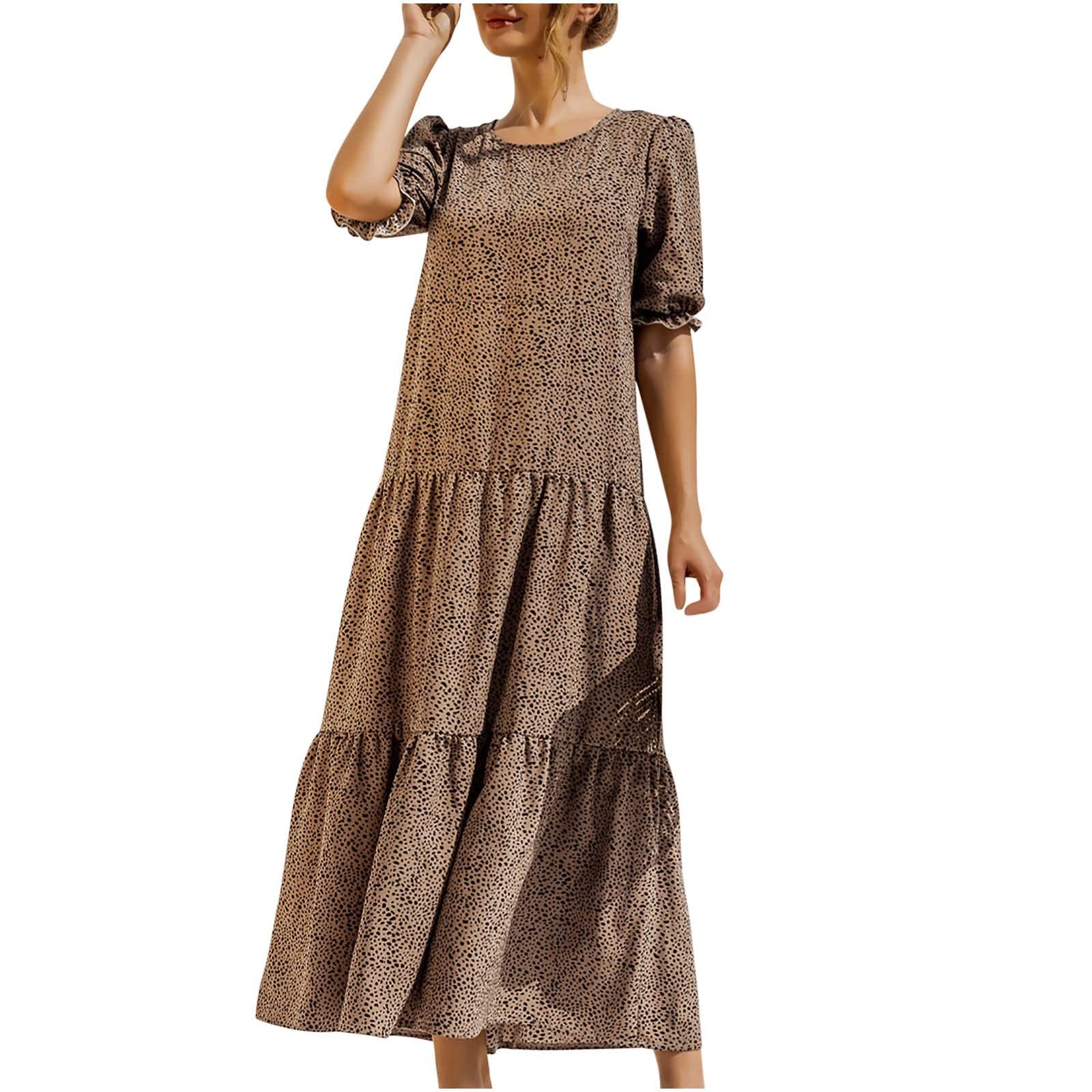 Women's Maxi Dress with Puff Sleeves - Flowy Polka Dot Print Tiered Boho Dress for Summer | Beach Vacation, Music Festival & Casual Outfit