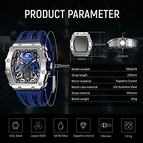 TSAR BOMBA Men's Luxury Automatic Skeleton Watch - Silver Square Big Face with Silicone Strap, 50M Waterproof Analog Watch for Business & Casual Wear - Perfect for Office, Dating & Special Occasions