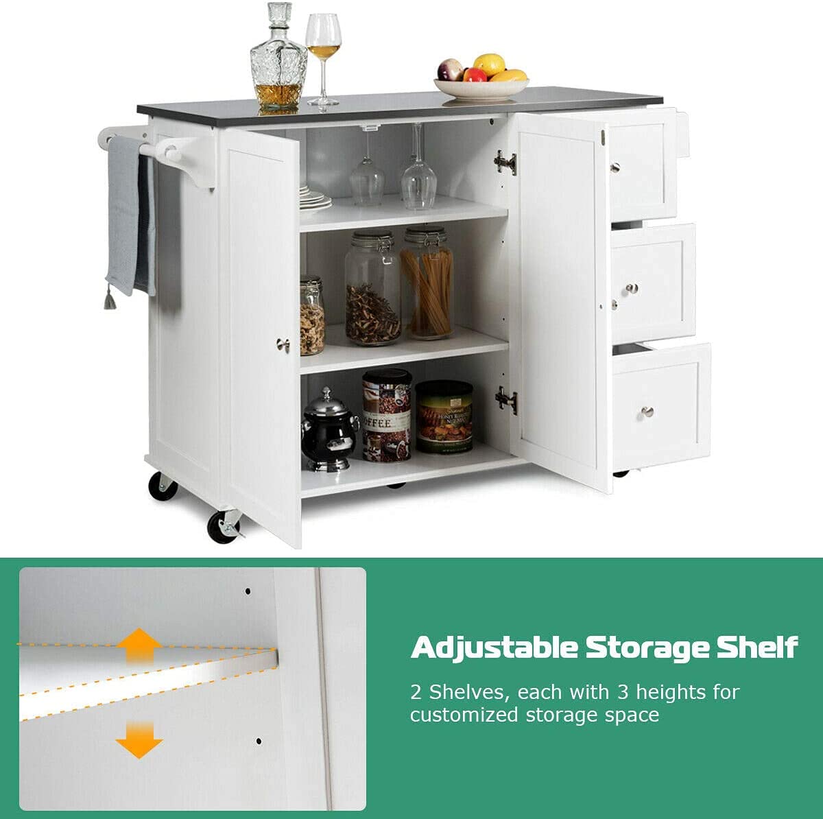 Mobile Kitchen Island Cart with Stainless Steel Top & Storage - Perfect for Small Kitchens & Dining Areas