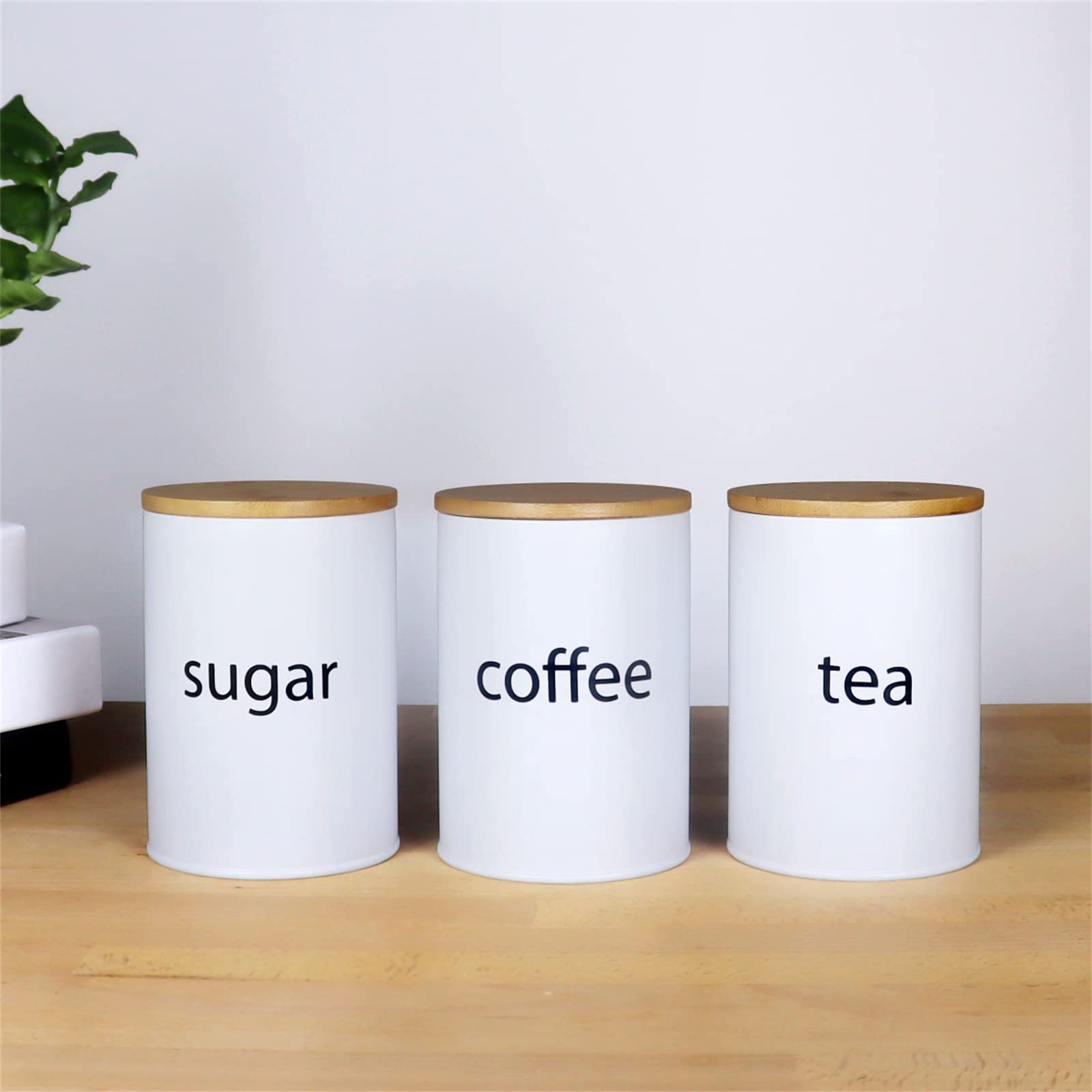SOTECH 3-Piece White Metal Canister Set with Bamboo Lids - Airtight Sugar Coffee Tea Storage Jars for Kitchen Countertop - Farmhouse Country Kitchen Decor - Perfect for Pantry Organization & Coffee Bar Display