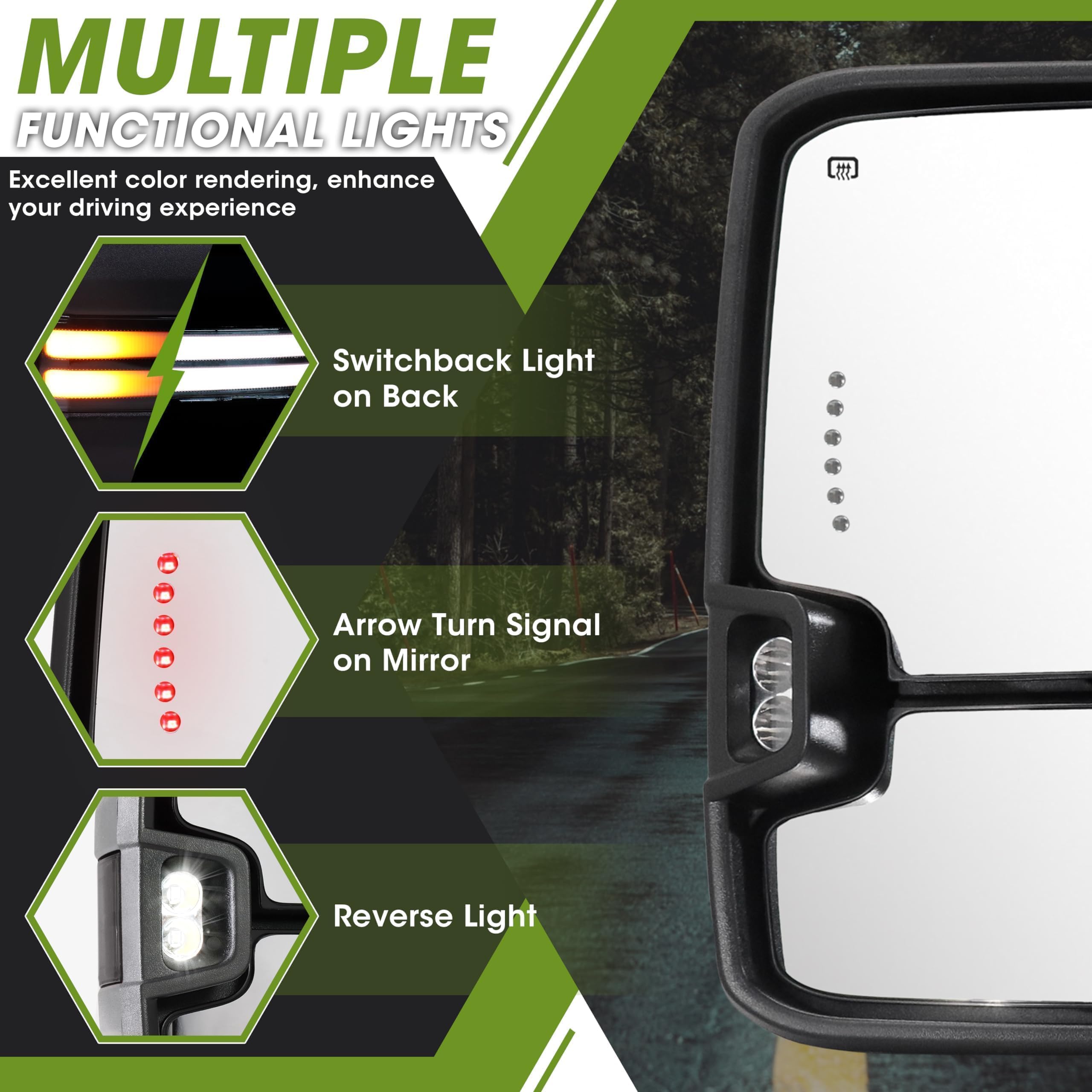 2007-2013 Chevy Silverado Avalanche Suburban Tahoe/GMC Sierra Yukon Power Heated Switchback Towing Mirrors with Dynamic Signal & Running Lights - Black Pair Set - Perfect for Towing, Off-Roading & Night Driving