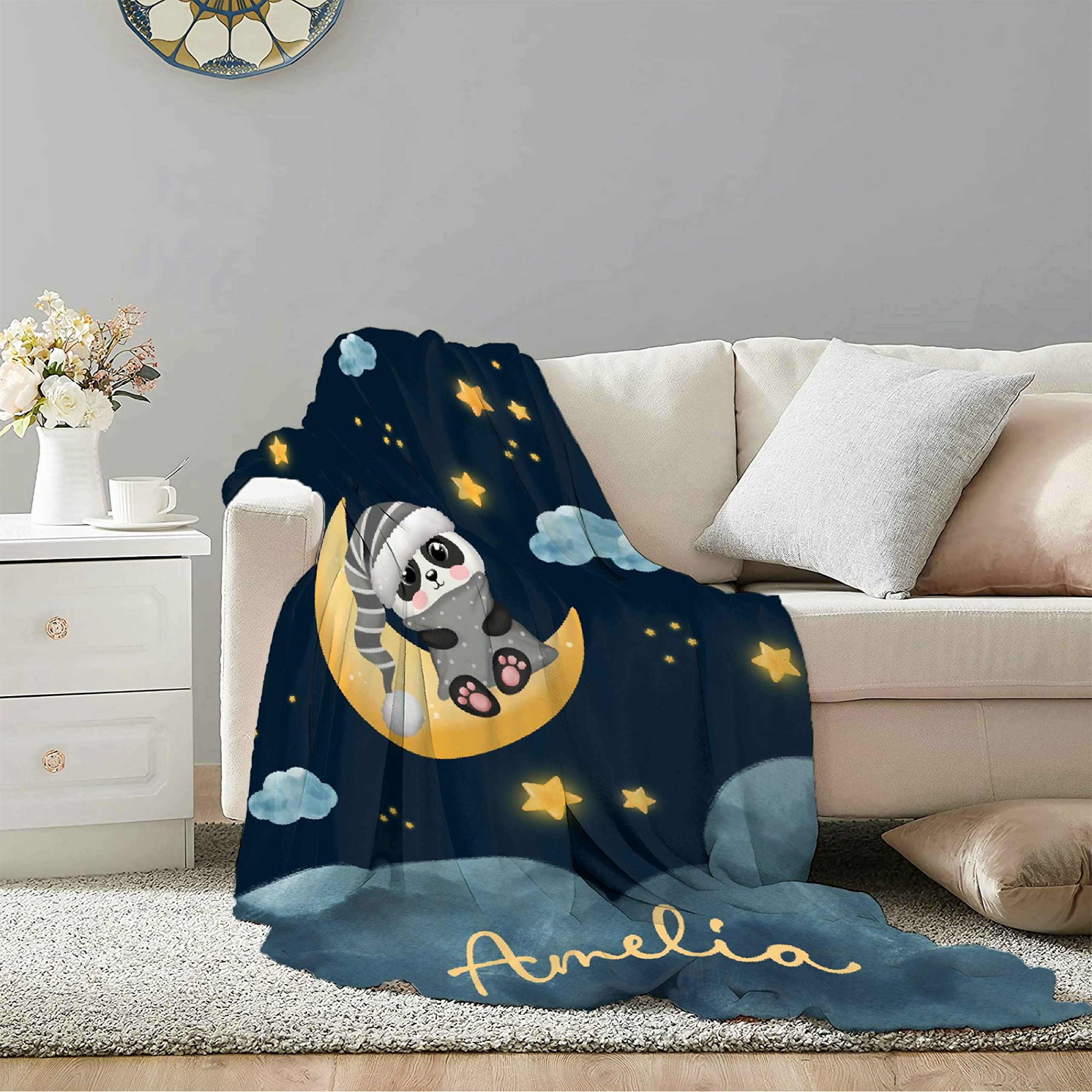 Custom Moon Panda Baby Blanket with Name - Personalized Throw Blanket for Boys & Kids - Extra Large 120x90 Inch - Perfect for Birthday Gifts, Nursery Decor & Family Cuddles