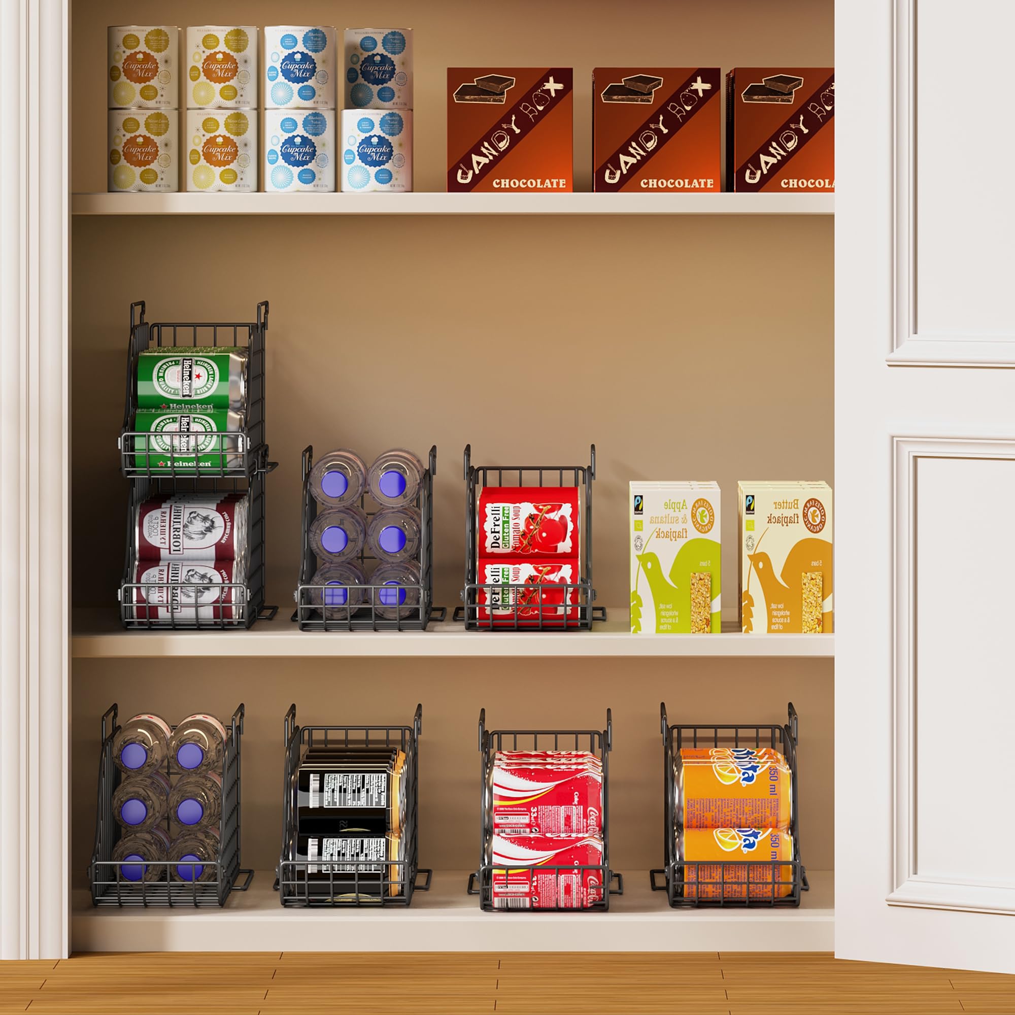 4-Pack Stackable Canned Food Organizer with Handles - Kitchen & Pantry Organizer for Soda Cans, Wire Cabinet Shelf Storage - Foldable Can Dispenser (Black) - Perfect for Kitchen Cabinets, Pantry Shelves & Fridge Organization