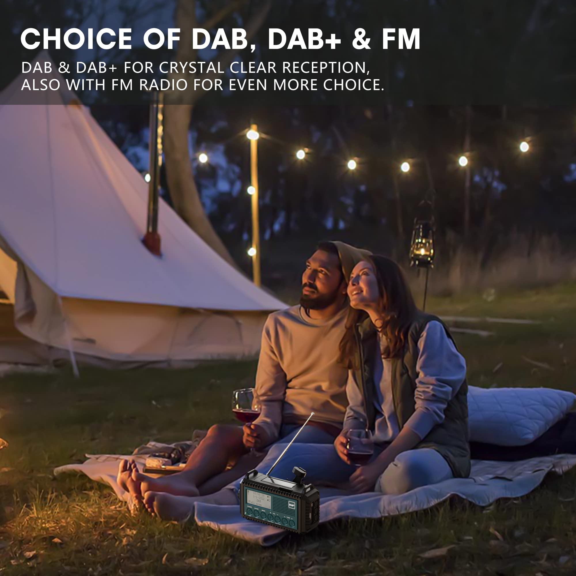 Solar & Hand Crank Emergency Radio with DAB+/DAB/FM, 5000mAh Power Bank, LCD Display, USB Charging, Flashlight & Reading Lamp - Portable Survival Radio for Camping, Hiking, Emergencies & Outdoor Adventures (Blue)