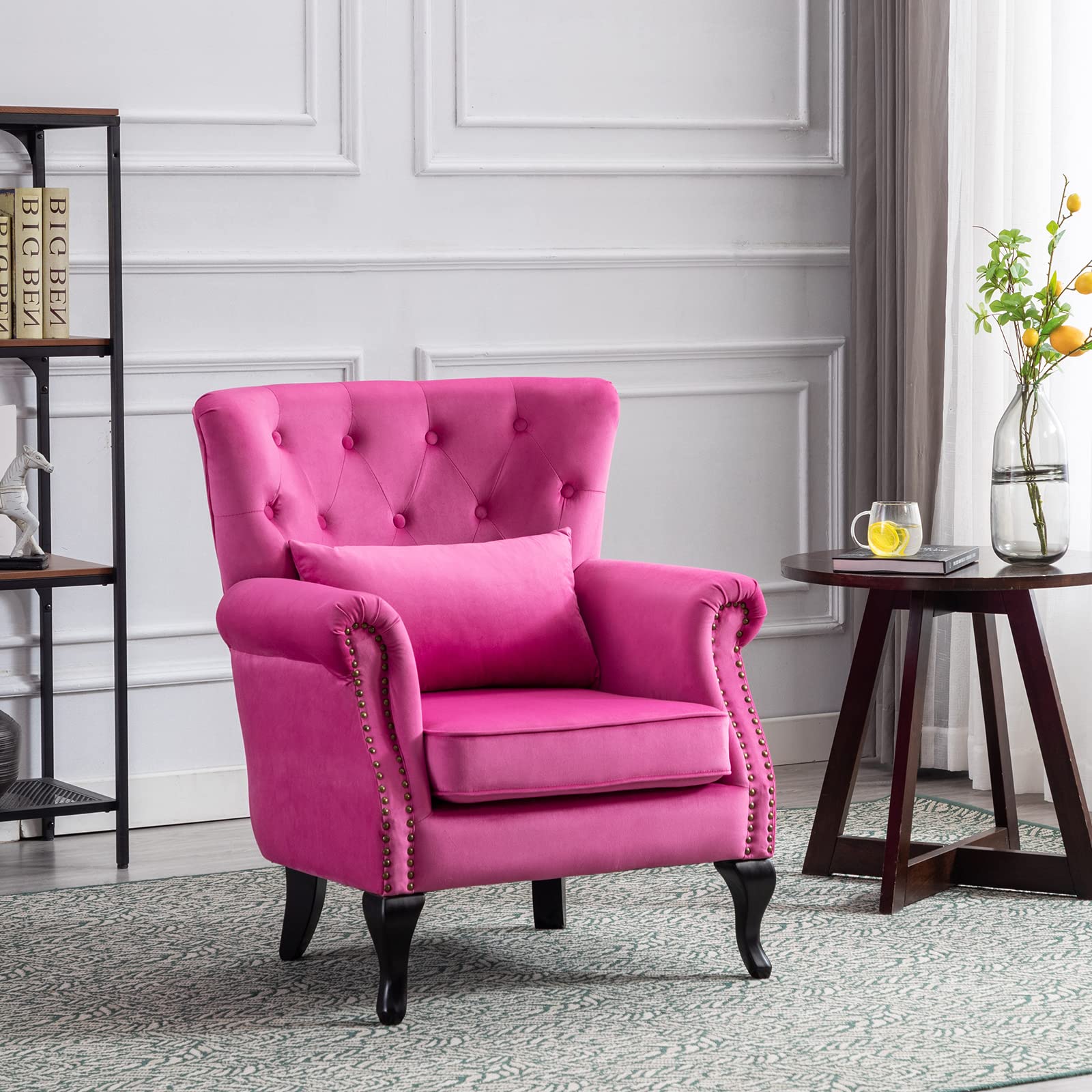 Mid-Century Modern Accent Reading Arm Chair - Velvet Rose Tufted Wingback Club Chair with Lumbar Pillow for Living Room & Bedroom | Perfect for Cozy Reading Nooks, Lounge Areas, and Stylish Home Decor
