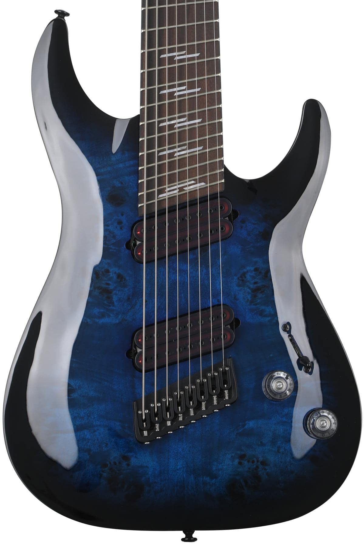 Schecter Omen Elite-8 Multiscale 8-String Electric Guitar with See Through Blue Burst Finish - Professional Extended Range Guitar for Metal, Djent & Progressive Rock Musicians