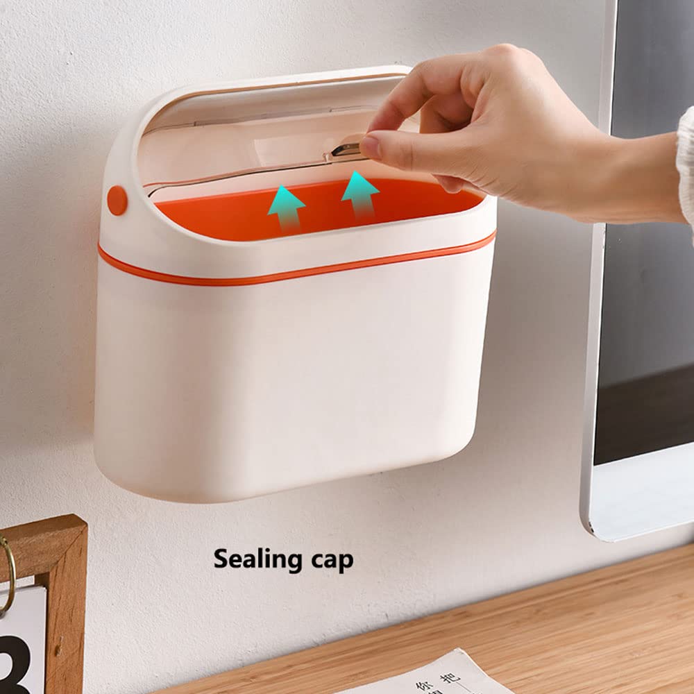 Wall Mounted Trash Can with Lid - Compact Countertop Hanging Garbage Bin for Kitchen Cabinet, Bathroom, Bedroom, Office & Living Room - Space-Saving Orange Trash Can - Perfect for Small Spaces & Home Organization