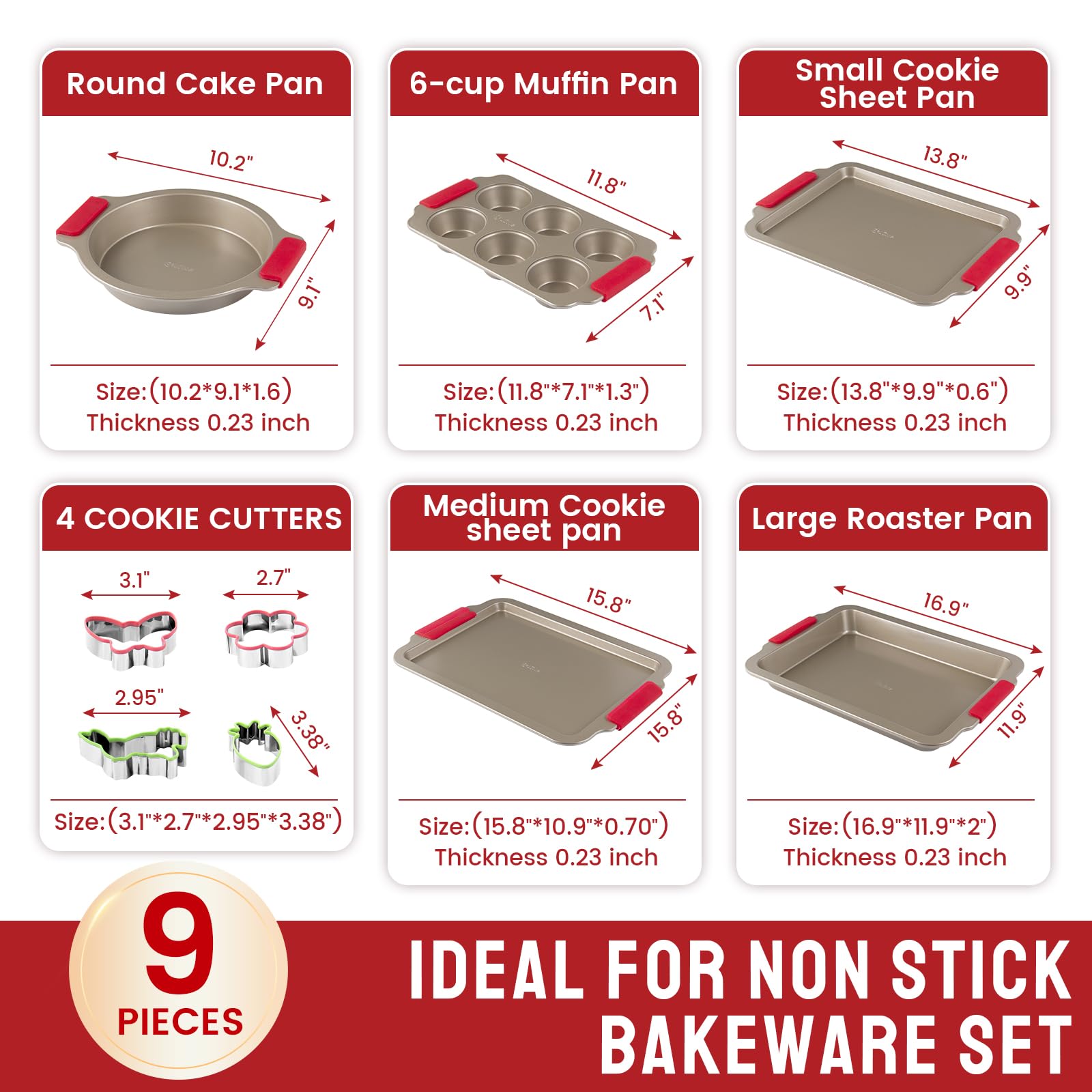 Premium 9-Piece Nonstick Bakeware Set - Cookie Sheet, Cake Pans, Muffin Pan, Roasting Pan & Cookie Cutters with Ergonomic Handles | Perfect for Baking Cookies, Cakes, Cupcakes & Holiday Roasts - Champagne Gold