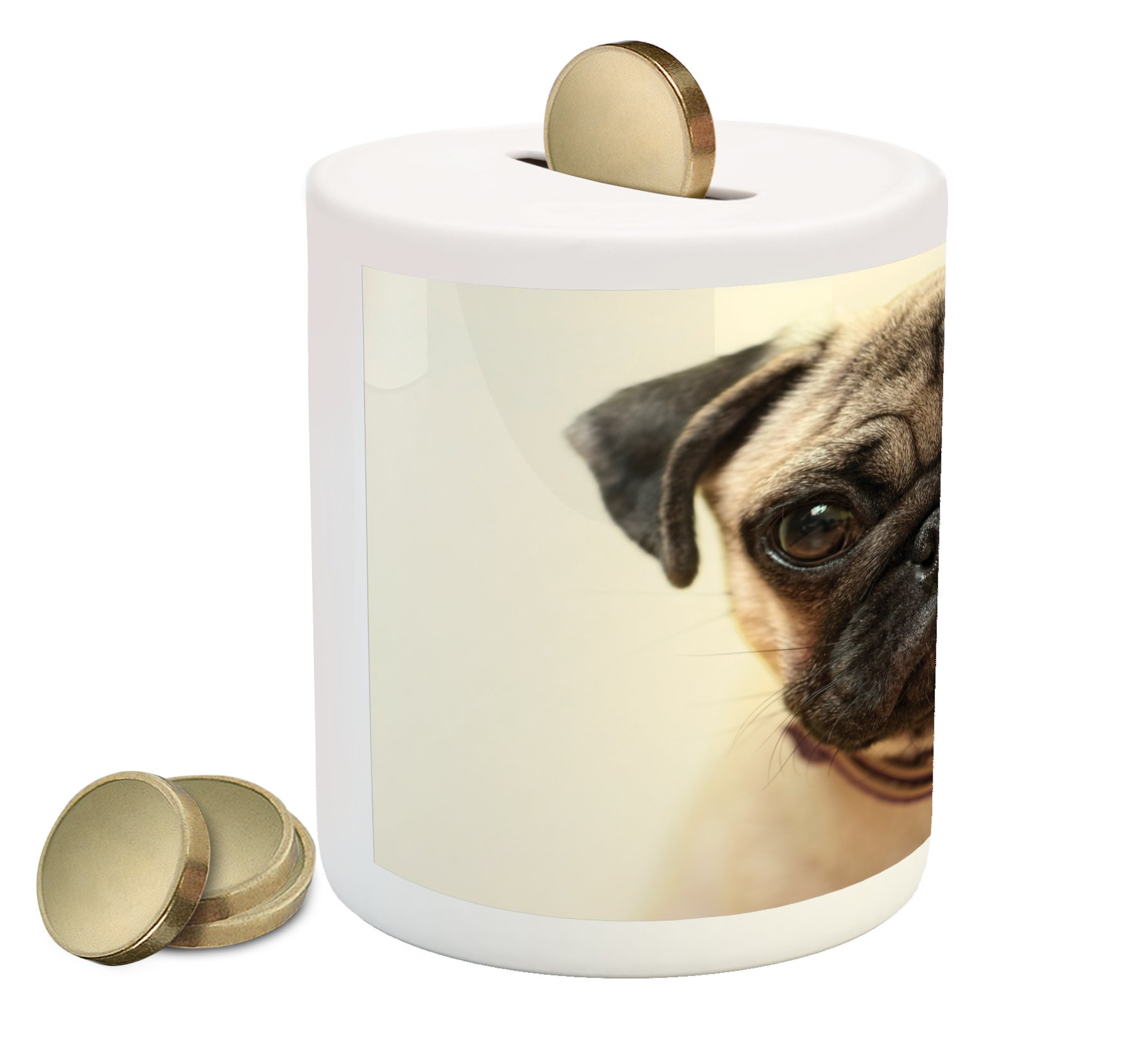 Ambesonne Ceramic Pug Piggy Bank - Pure Bred Puppy with Loose Collar Design | Money Saving Coin Bank for Cash & Coins | Perfect Gift for Dog Lovers & Pet Owners | Home Decor & Kids Savings