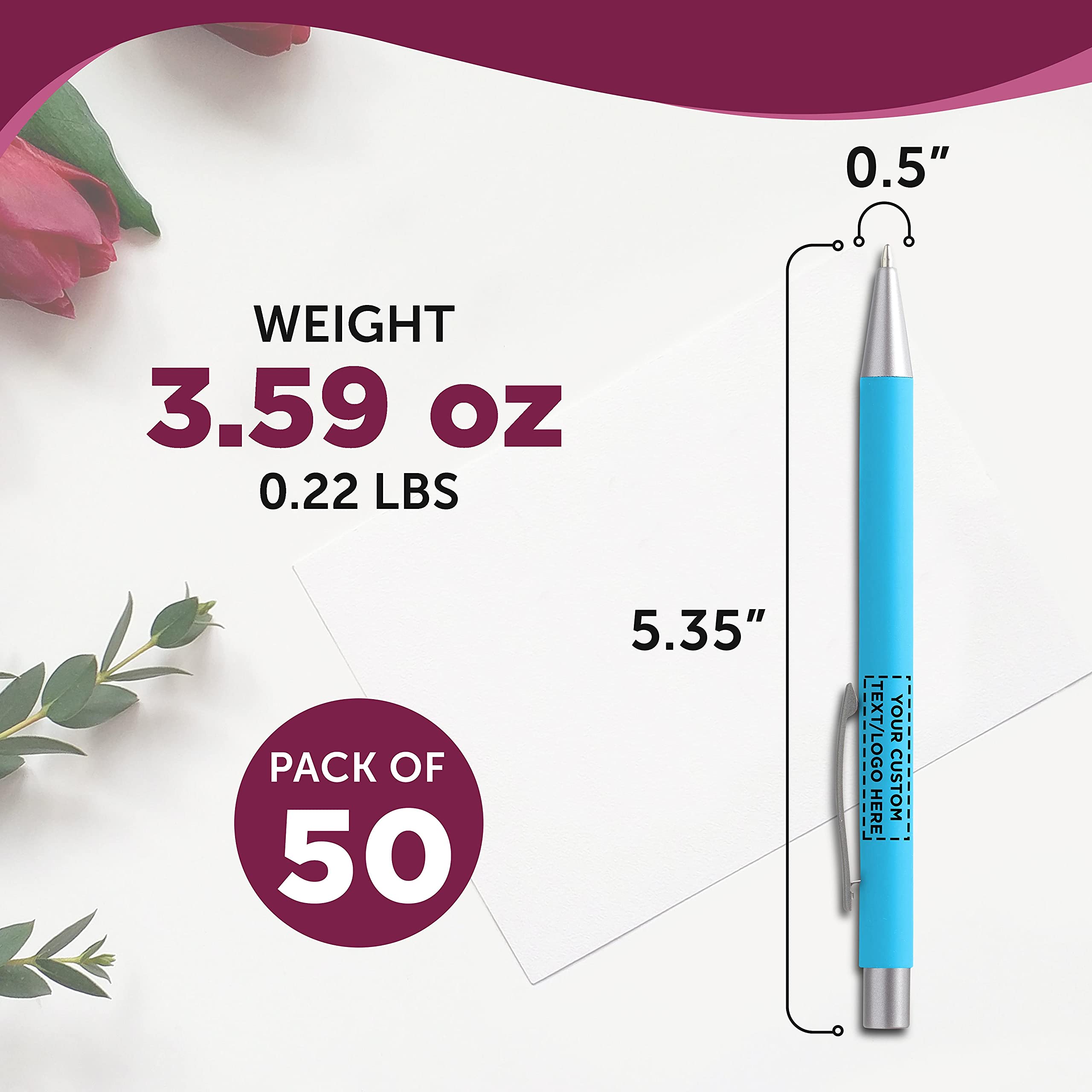 50 Pack Cordova Rubber Coated Metal Pens with Custom Text/Logo - Smooth Writing Push Action Ballpoint Pens with Black Ink (Light Blue) - Perfect for Office, School, Corporate Gifts & Promotional Events