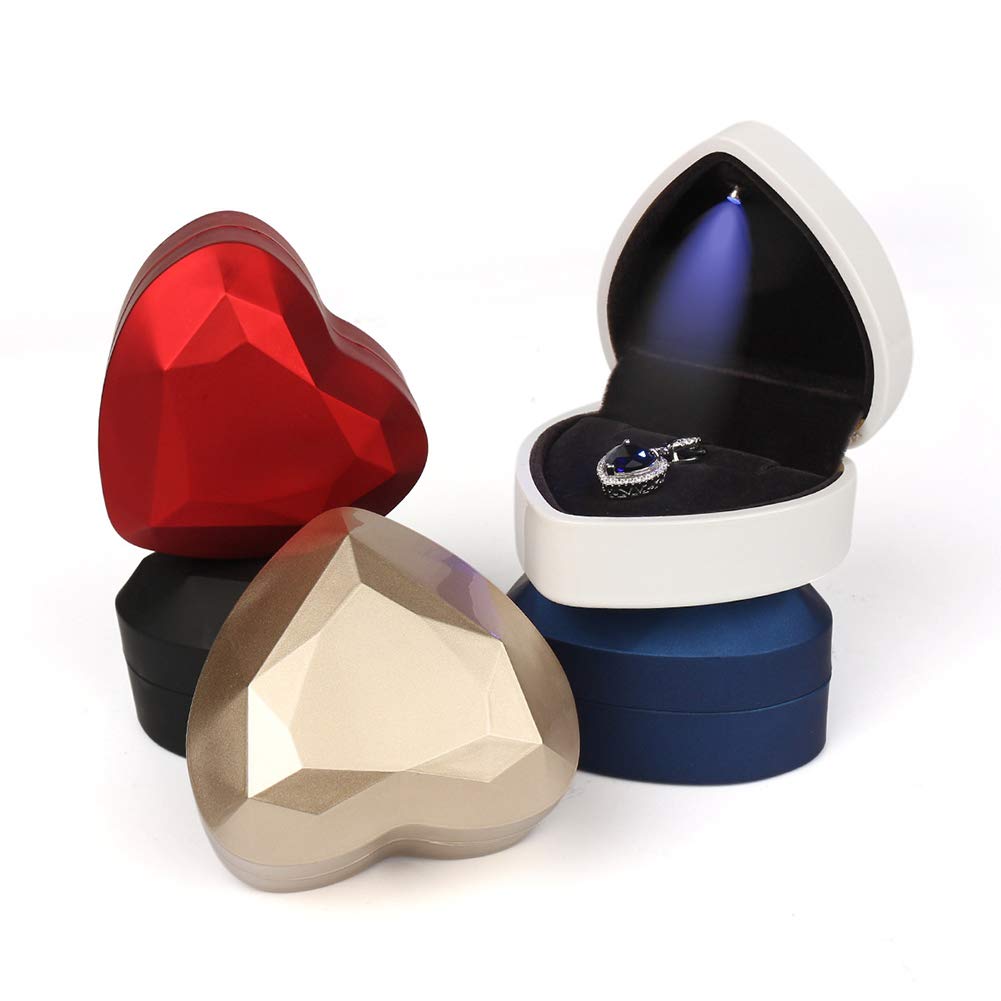 LED Heart Shaped Jewelry Gift Box - Engagement & Wedding Ring Display Case with Lights, Jewelry Storage Box for Rings, Earrings & Coins - Perfect for Proposals, Wedding Gifts & Jewelry Store Displays (Blue)