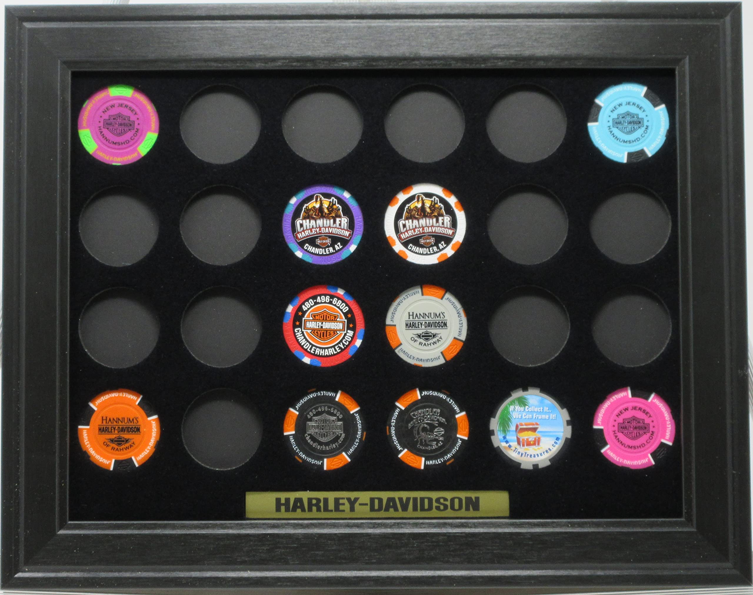 24 Harley Davidson Chip Display Frame - Black Wall Mount Picture Holder for Collectible Poker Chips | Perfect for Man Cave, Bar Decor, or Motorcycle Enthusiast Gifts