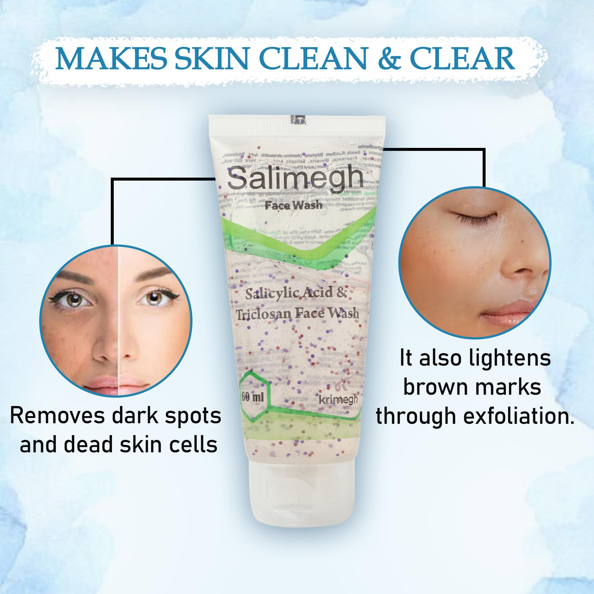 Krimegh Salimegh Acne Face Wash with Salicylic Acid & Triclosan, 60ml (Pack of 2) - Deep Cleansing for Oily & Acne-Prone Skin - Perfect for Daily Skincare Routine