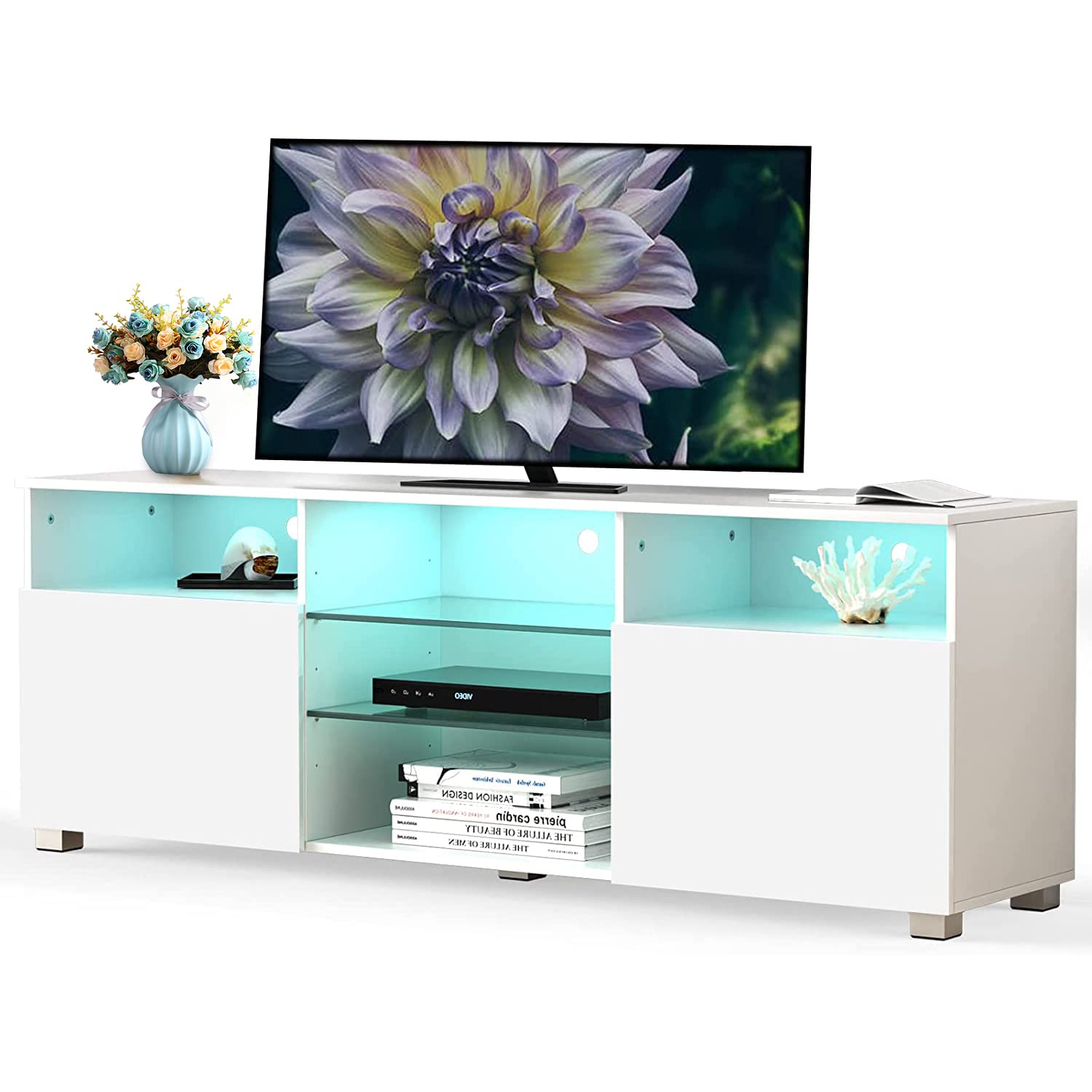 Modern High Gloss White LED TV Stand for 50-55 Inch TVs - Entertainment Center with Storage Drawers & Ambient Lighting - Slim TV Console Table for Living Room, Bedroom & Home Theater (47