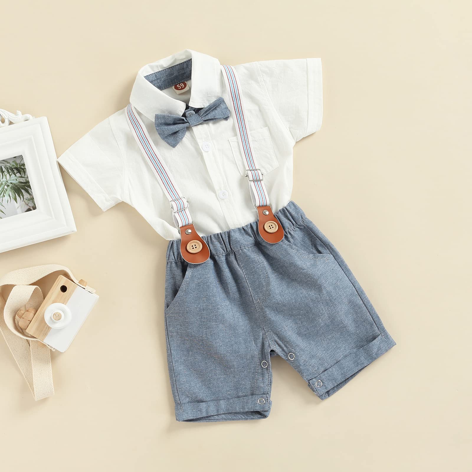 Baby Boy Gentleman Outfit - Short Sleeve Bowtie Romper & Suspenders Shorts Set | Summer Casual Wear for Photoshoots, Parties & Special Occasions