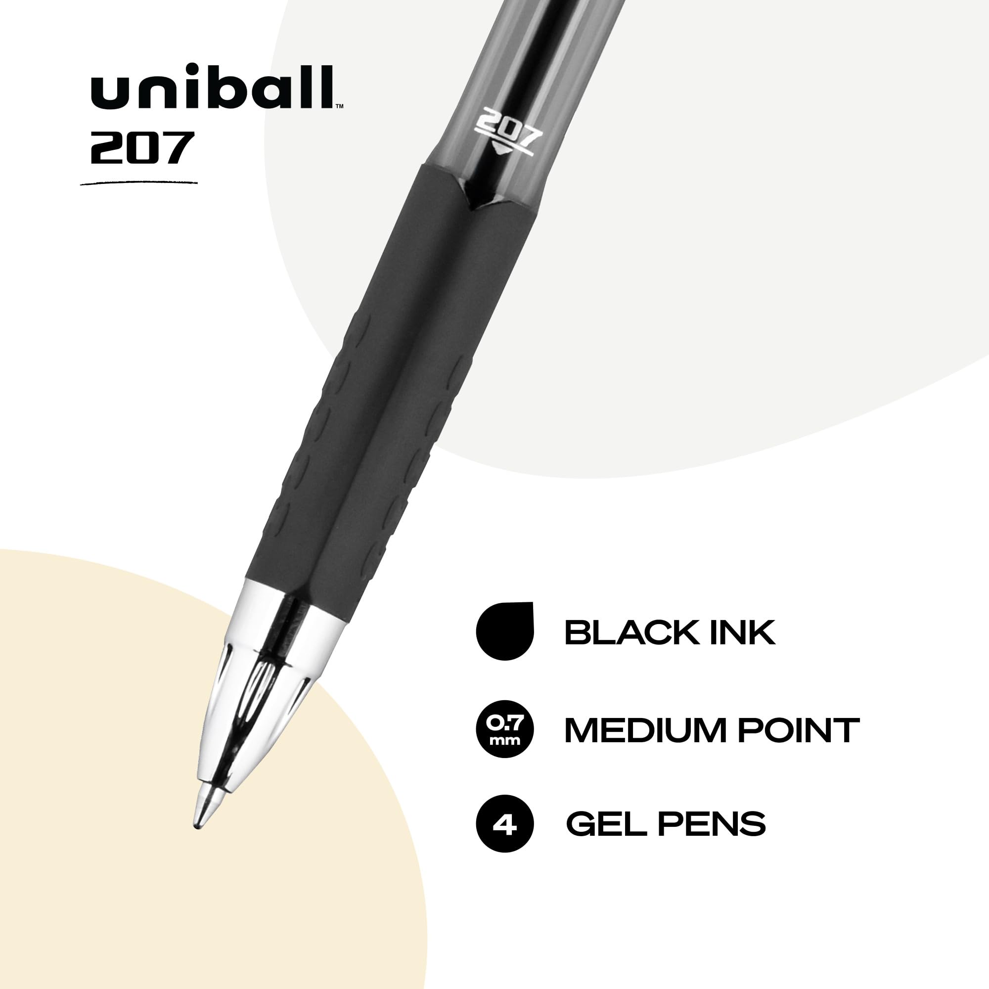 Uni-ball 207 Retractable Gel Pens - Medium Point 0.7mm Black Ink - 4 Pack - Smooth Writing for Office, School & Note Taking
