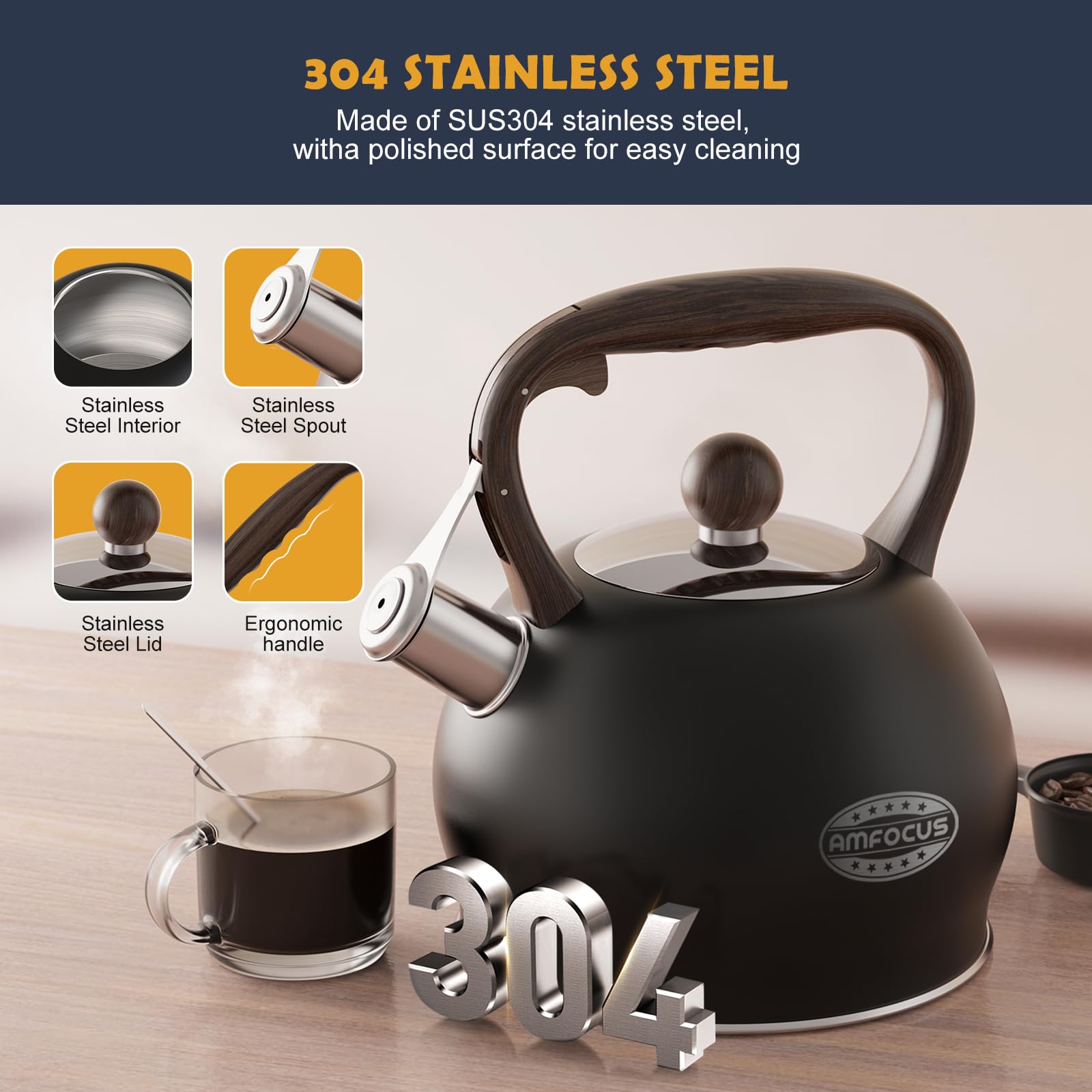 Premium 2.64 Quart Stainless Steel Whistling Tea Kettle - Food Grade Stovetop Teapot with Ergonomic Handle & Loud Whistle - Perfect for Tea, Coffee, Milk - Ideal for Home, Camping & Outdoor Use - Black