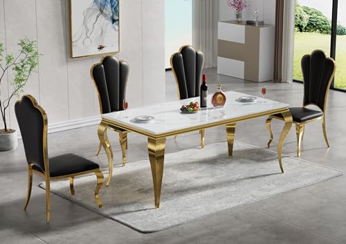 70” Gold Table With 4 Black＆gold Petal Chair