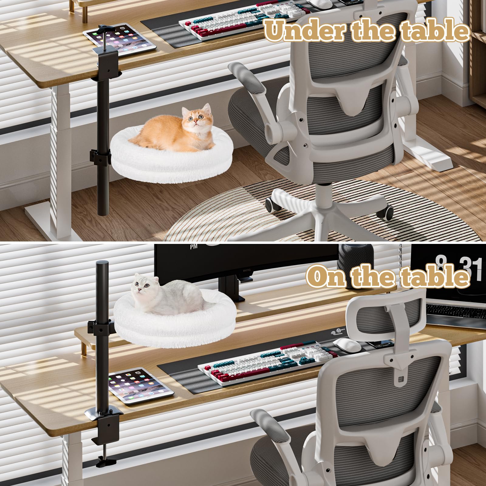 360° Rotating Adjustable Height Cat Desk Bed - Soft Comfortable Cat Perch Supports Up to 50 lbs, Round Cat Hammock for Office & Home Workspace (White) - Perfect for Napping While You Work
