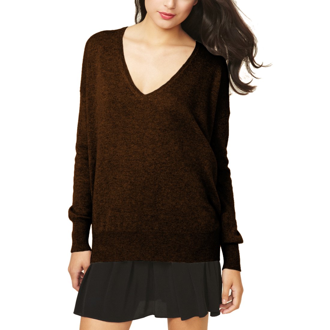 Parisbonbon Women's 100% Cashmere V-Neck Sweater - Soft & Warm Chocolate Brown Pullover - Size S - Perfect for Office Wear & Winter Outfits