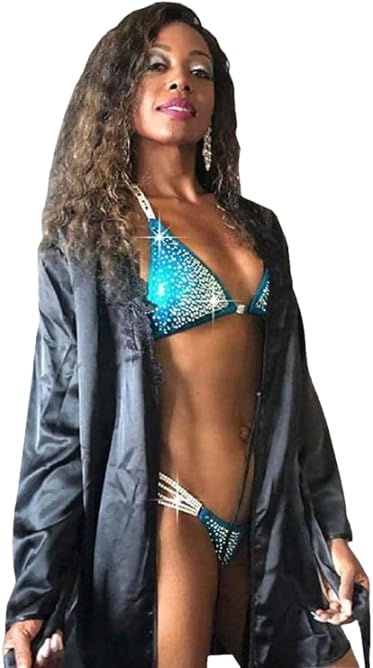 Competition Bikini Suit with Crystal Clustered Ab Rhinestones - NPC, Bikini & Fitness Competitions - Green Teal Swimsuit for Women (XS HIPS 28