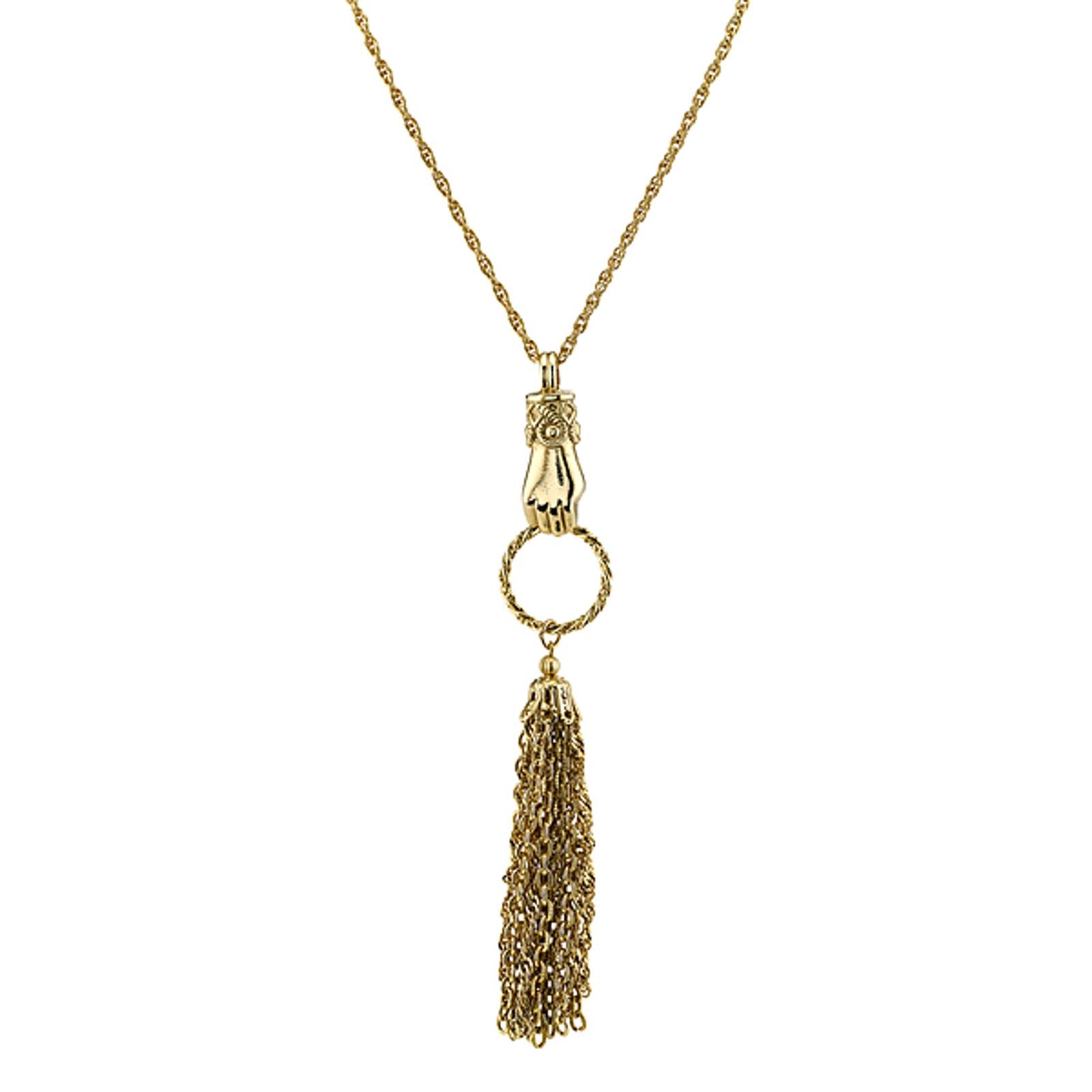 1928 Vintage Gold Hand & Tassel Necklace - 30