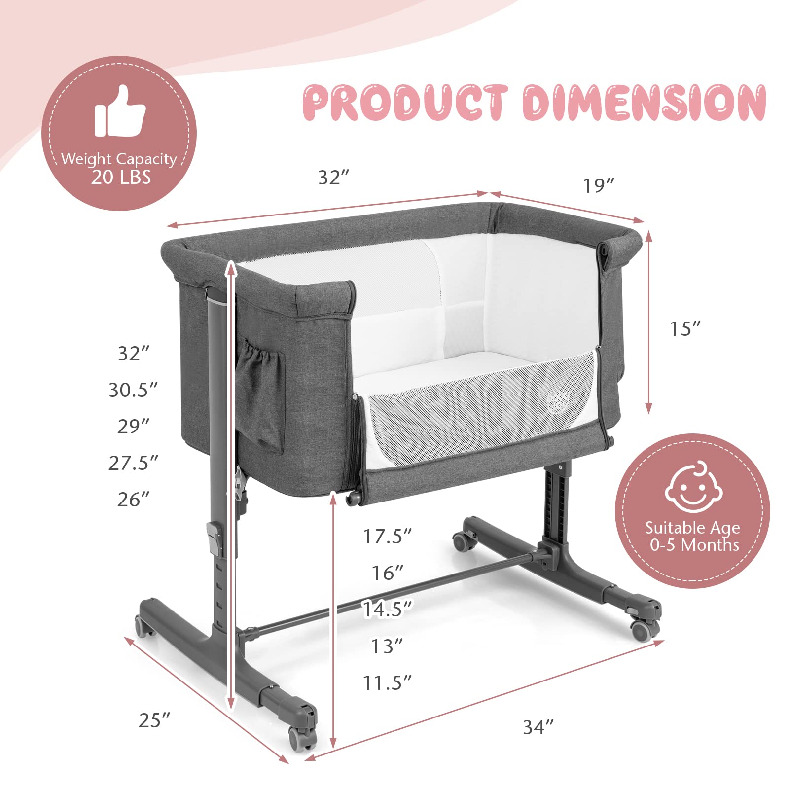 **BABY JOY 3-in-1 Adjustable Height Folding Bassinet & Bedside Sleeper with Mattress, Lockable Wheels, Storage Pocket & Carry Bag – Portable Crib for Newborns & Infants (Grey) – Ideal for Nursery, Travel & Co-Sleeping**