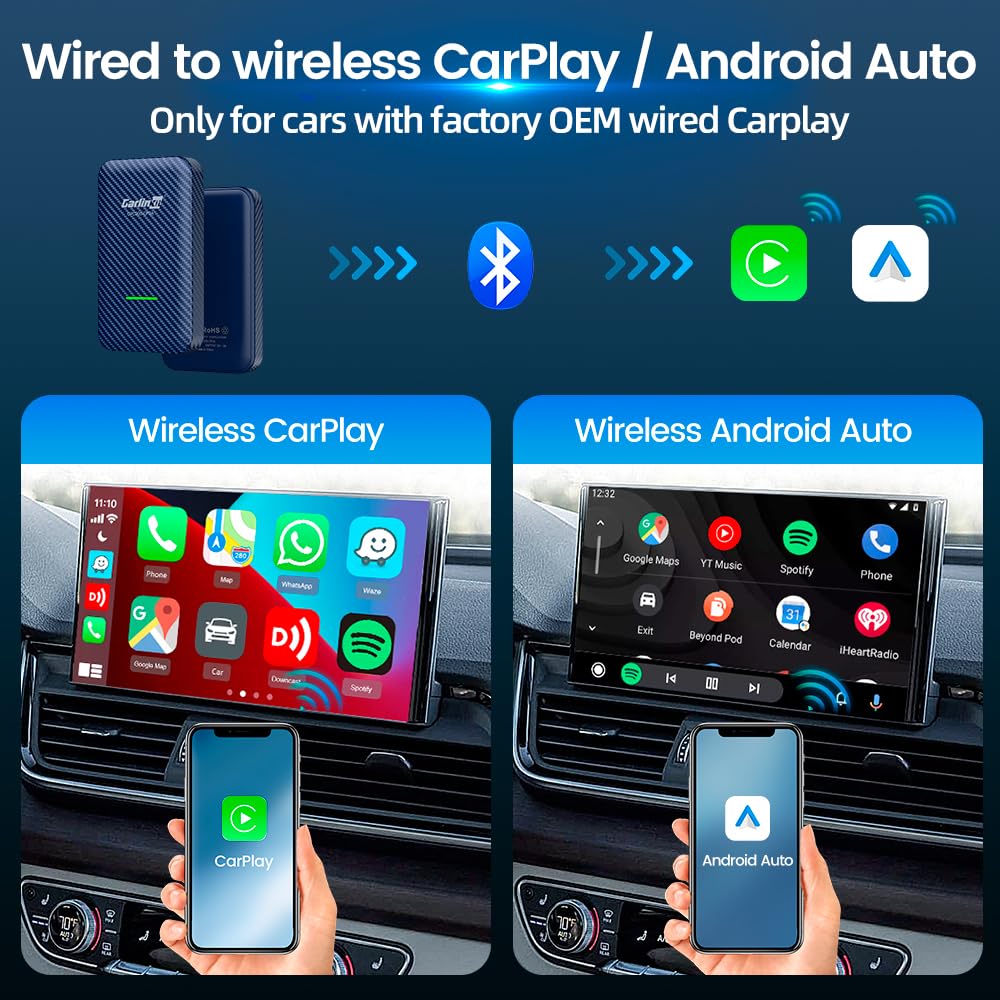 Carlinkit 4.0 2025 Wireless CarPlay & Android Auto Adapter - Convert OEM Wired CarPlay to Wireless, 2-in-1 Dual System Support, 5GHz WiFi, OTA Upgrade - Perfect for Commuting, Road Trips & Hands-Free Driving