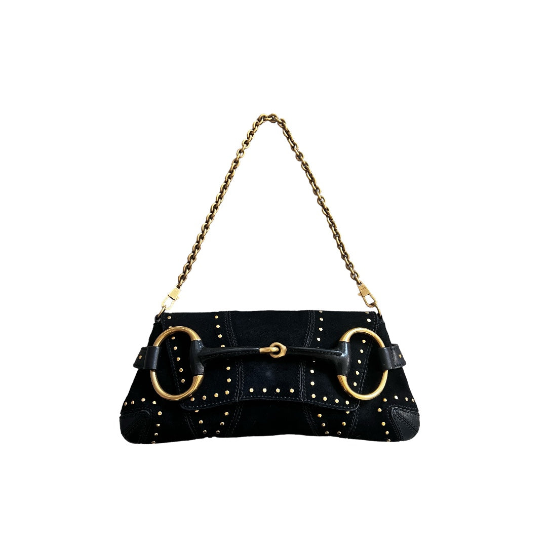 Gucci Black Suede Studded Horsebit Chain Shoulder Bag by Tom Ford - Luxury Designer Handbag for Women, Perfect for Evening Parties, Date Nights & Special Occasions
