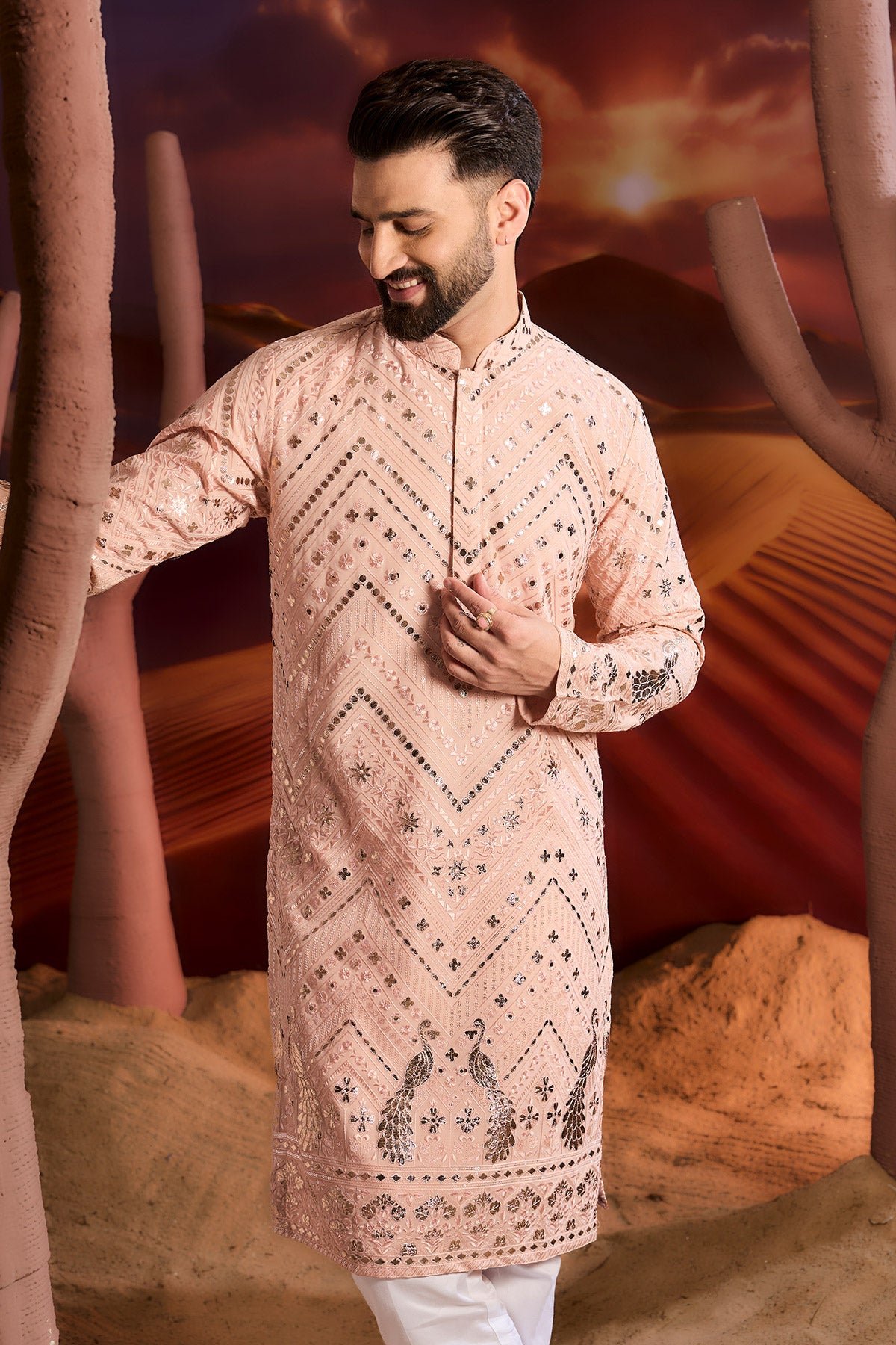 Elegant Pink Leather Patchwork Kurta with Intricate Floral & Fauna Embroidery - Perfect for Festivals, Weddings & Ethnic Fashion
