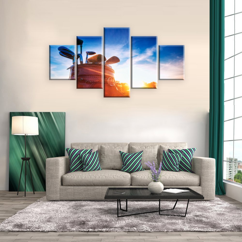5 Panel Golf Clubs Wall Art Canvas Painting - Modern Modular Sunshine Golf Enthusiast Gift - Framed & Ready to Hang Home Decor for Living Room, Office, or Man Cave - Perfect Golf Themed Decor for Sports Fans