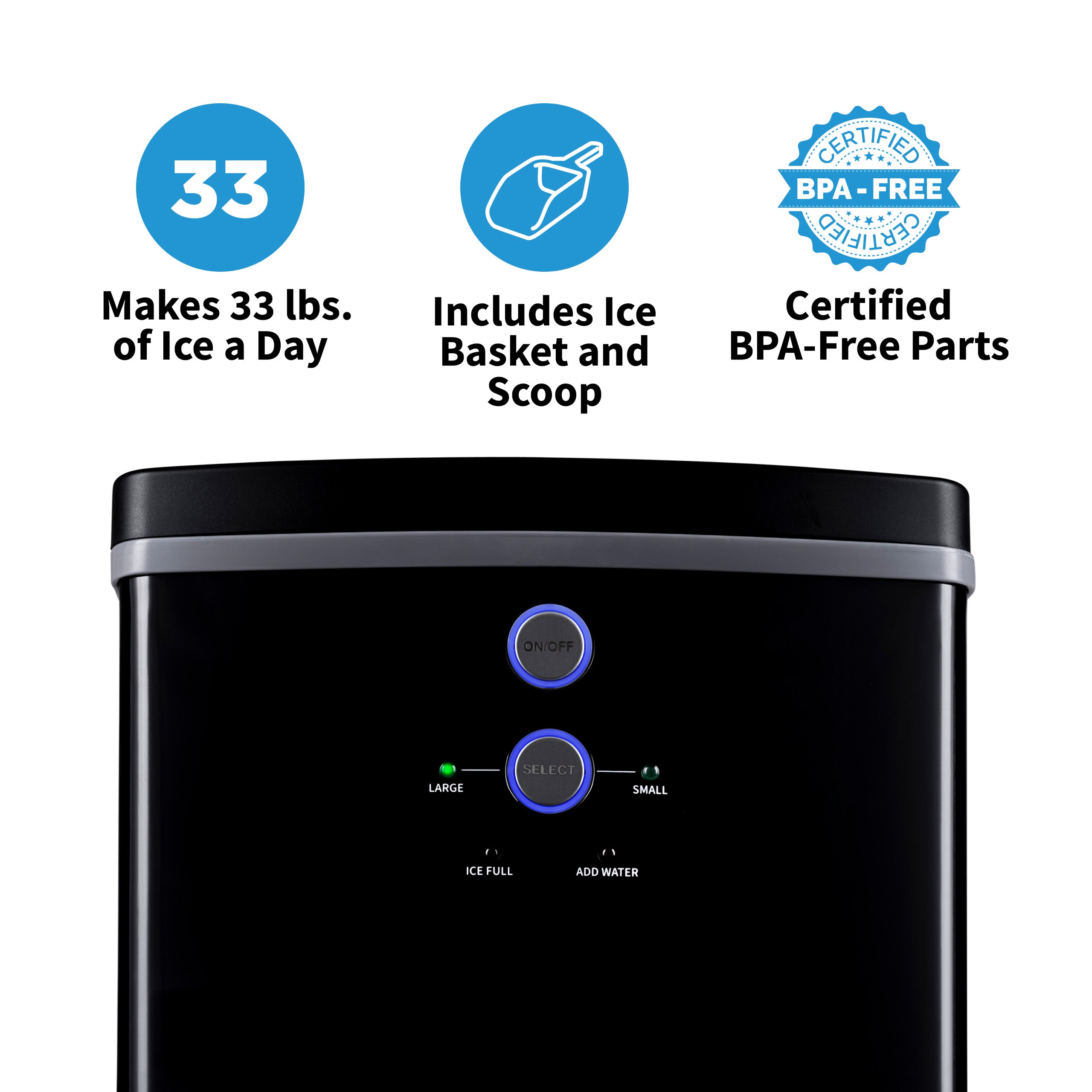 Newair® Countertop Ice Maker - 33 lbs/day, Bullet Ice, Fast & Quiet, Perfect for Home, Office, or Outdoor Use - Black