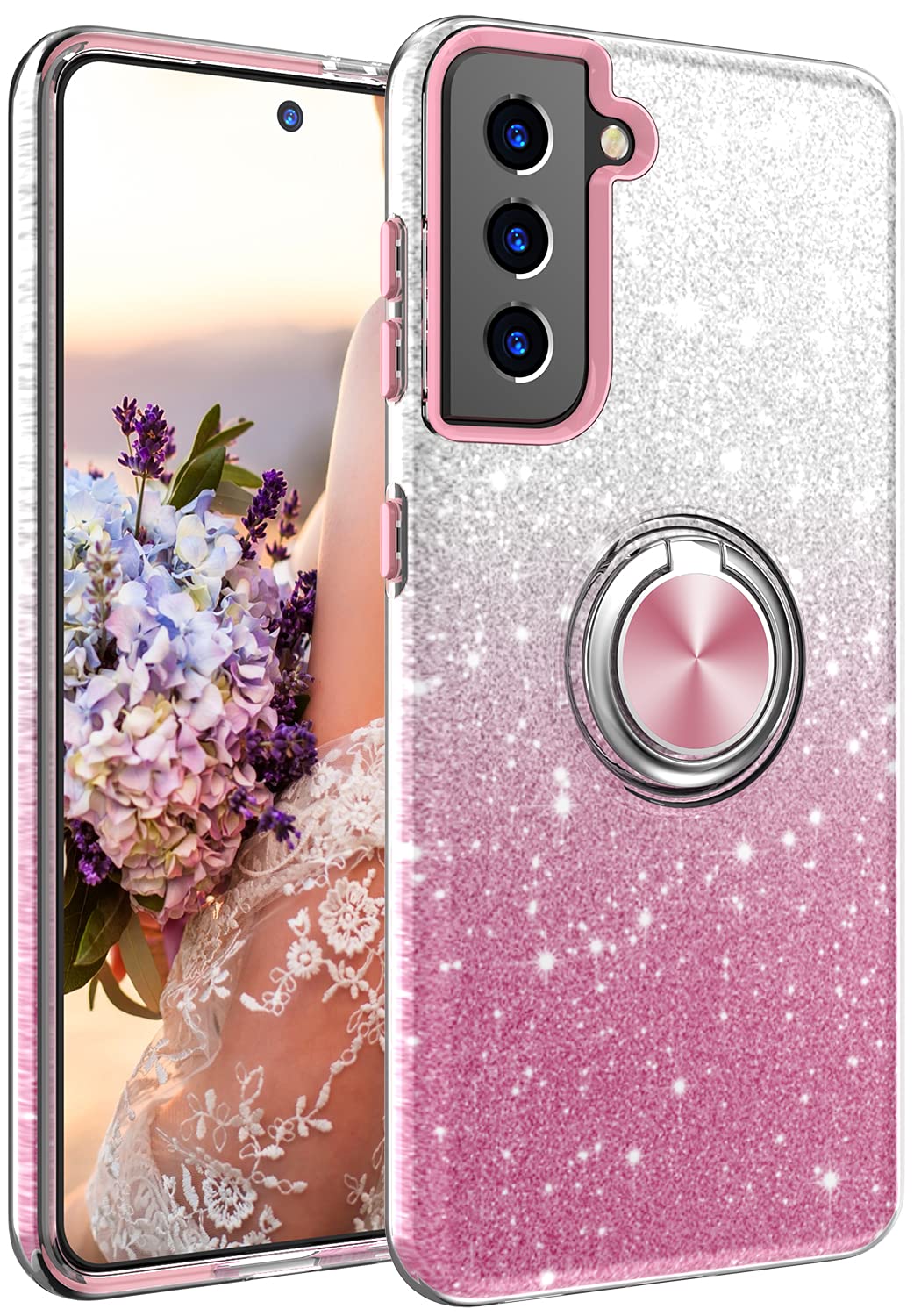 Samsung Galaxy S22+ Plus Case - Sparkly Glitter Phone Cover with Kickstand, Slim Fit Shockproof Drop Protection | Cute Protective Case for Women & Girls | Perfect for Everyday Use, Work & Travel - Pink
