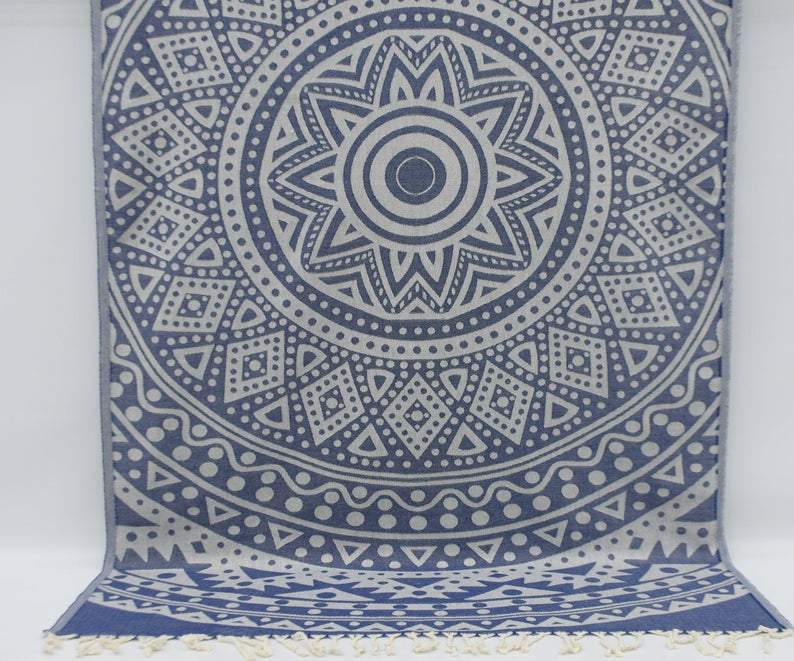 Navy Blue Mandala 100% Cotton Bath Towel - Soft & Absorbent for Spa, Yoga, Beach, and Home Use