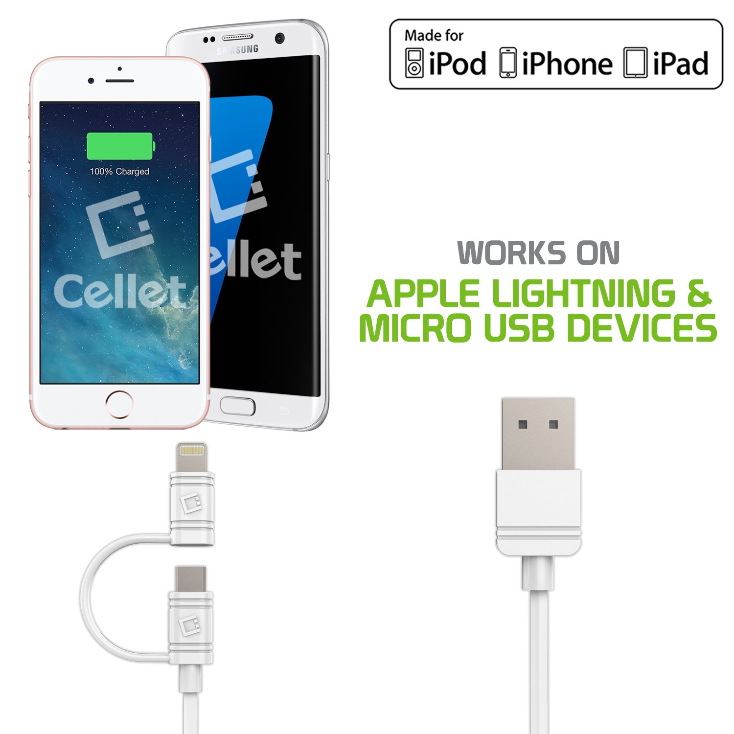 Cellet iPhone Charger Cable & Micro-USB Combo - 3ft Fast Charging Cord Compatible with iPhone 13/12/11 Pro Max/Mini, iPad Pro/Air/Mini - Durable Nylon Braided White Cable for Home, Office & Travel Charging