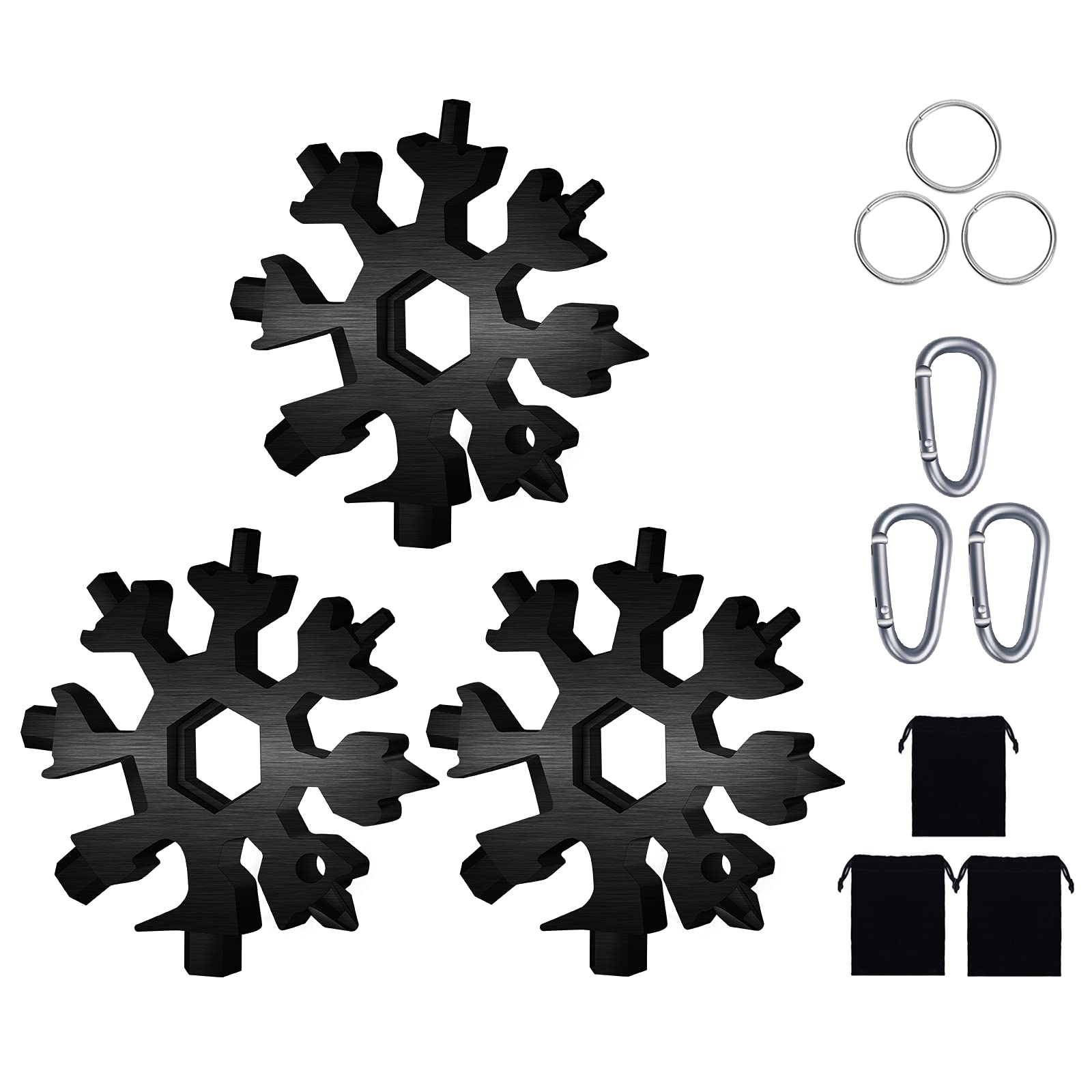 FZENeast 18-in-1 Stainless Steel Snowflake Multitool Set (3 Pack) - Snowflake Wrench with Key Ring, Carabiner Clip & Storage Bag - Black - Perfect for Camping, Hiking, Emergency Kits & Outdoor Adventures