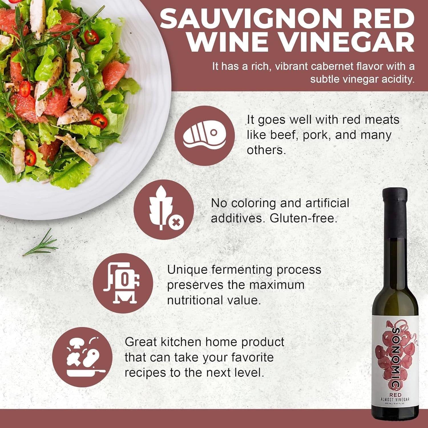 Premium Sonomic Red Wine Vinegar (Cabernet Sauvignon) - Ideal for Salads, Marinades & Gourmet Cooking