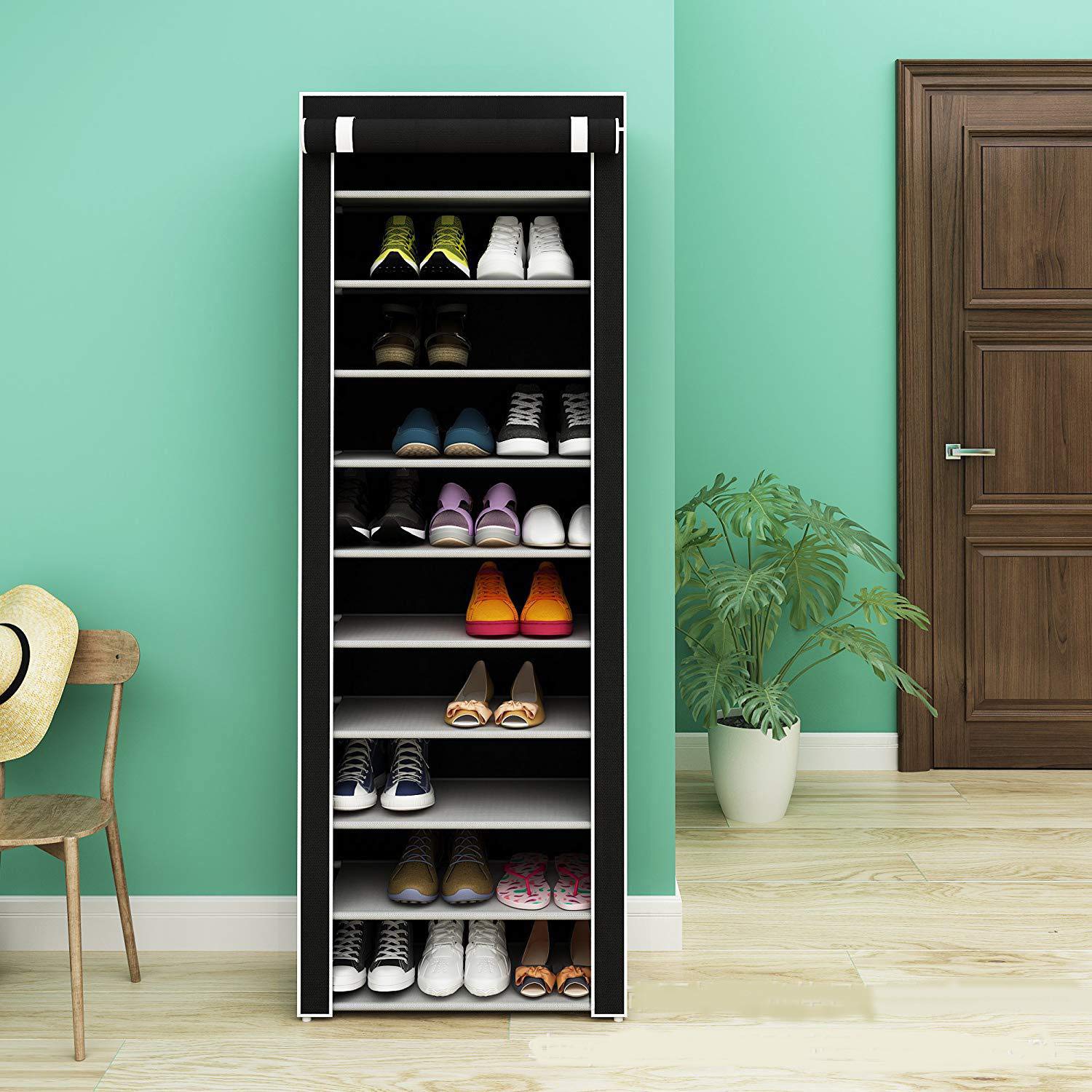 GREEF 10-Tier Large Shoe Rack Organizer with Dustproof Cover - Space Saving Shoe Storage Cabinet for Entryway, Bedroom, Closet & Dorm Room - Perfect for Organizing Sneakers, Boots & Heels (Black)