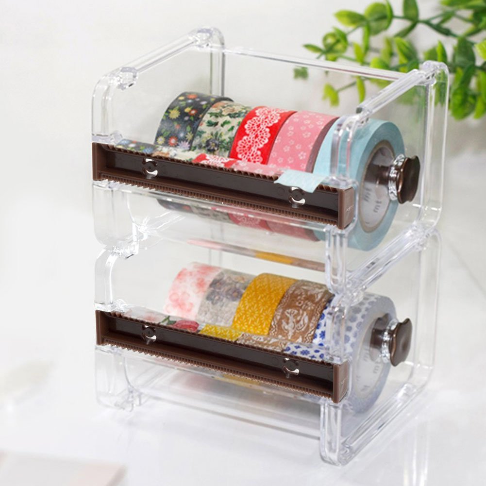 2-Pack Washi Tape Dispenser & Cutter - Desktop Roll Tape Holder Organizer for DIY Stickers, Masking Tape Storage Box (Brown) - Perfect for Scrapbooking, Journaling, and Craft Organization