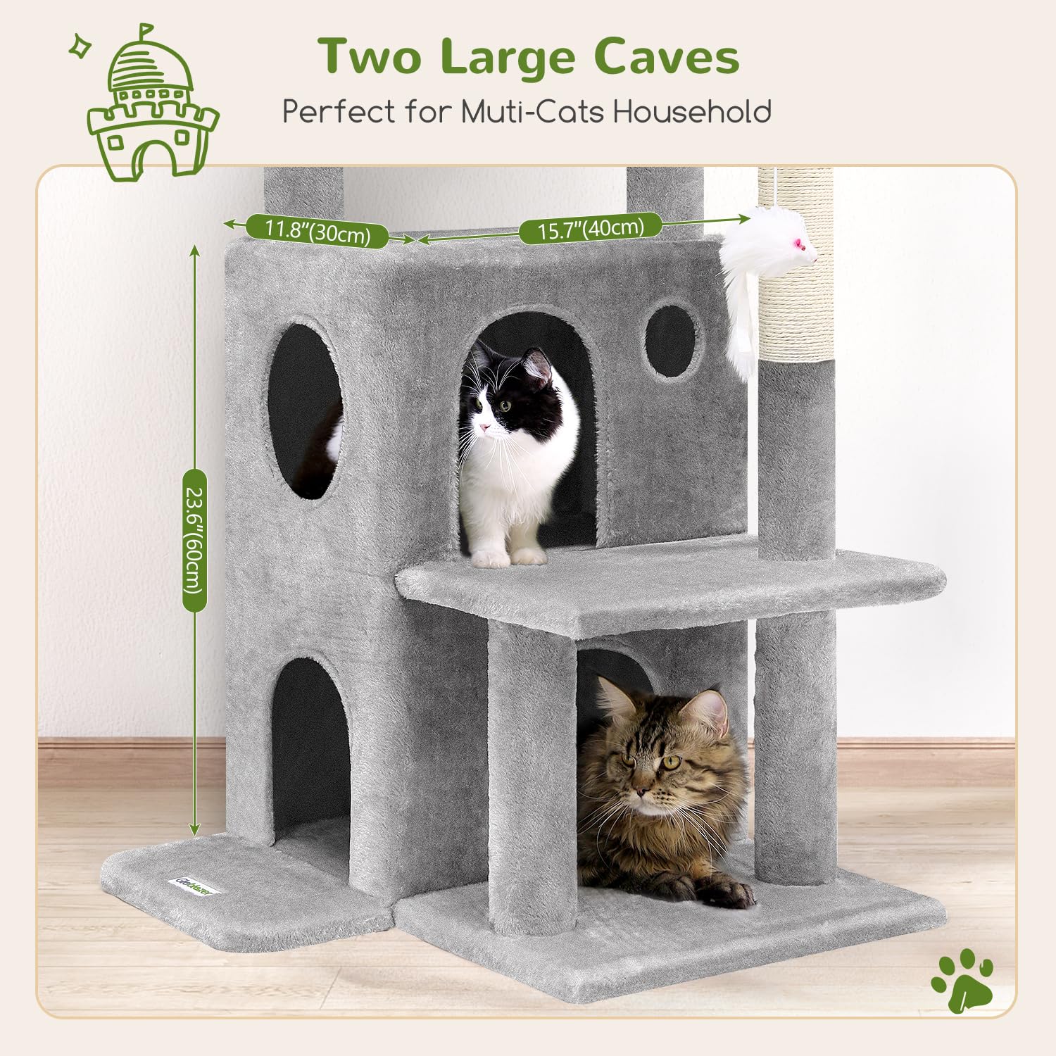 50-inch FC50 Cat Tree Tower for Large Indoor Cats - Multi-Level Cat House with Scratching Posts, 2 Cozy Cat Caves, Dangling Toys & Steps - Light Grey - Perfect for Play, Rest & Climbing in Home or Apartment