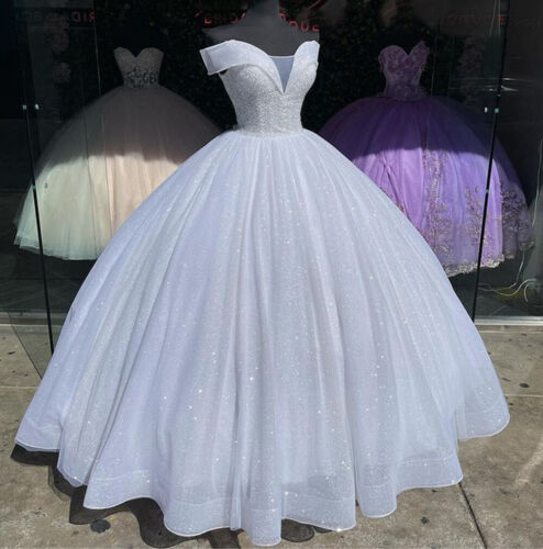 Sparkling White Quinceanera Dress with Glitter Sequin & Beaded Corset - Elegant Sweet 16 Ball Gown for Prom, Homecoming, and Special Occasions