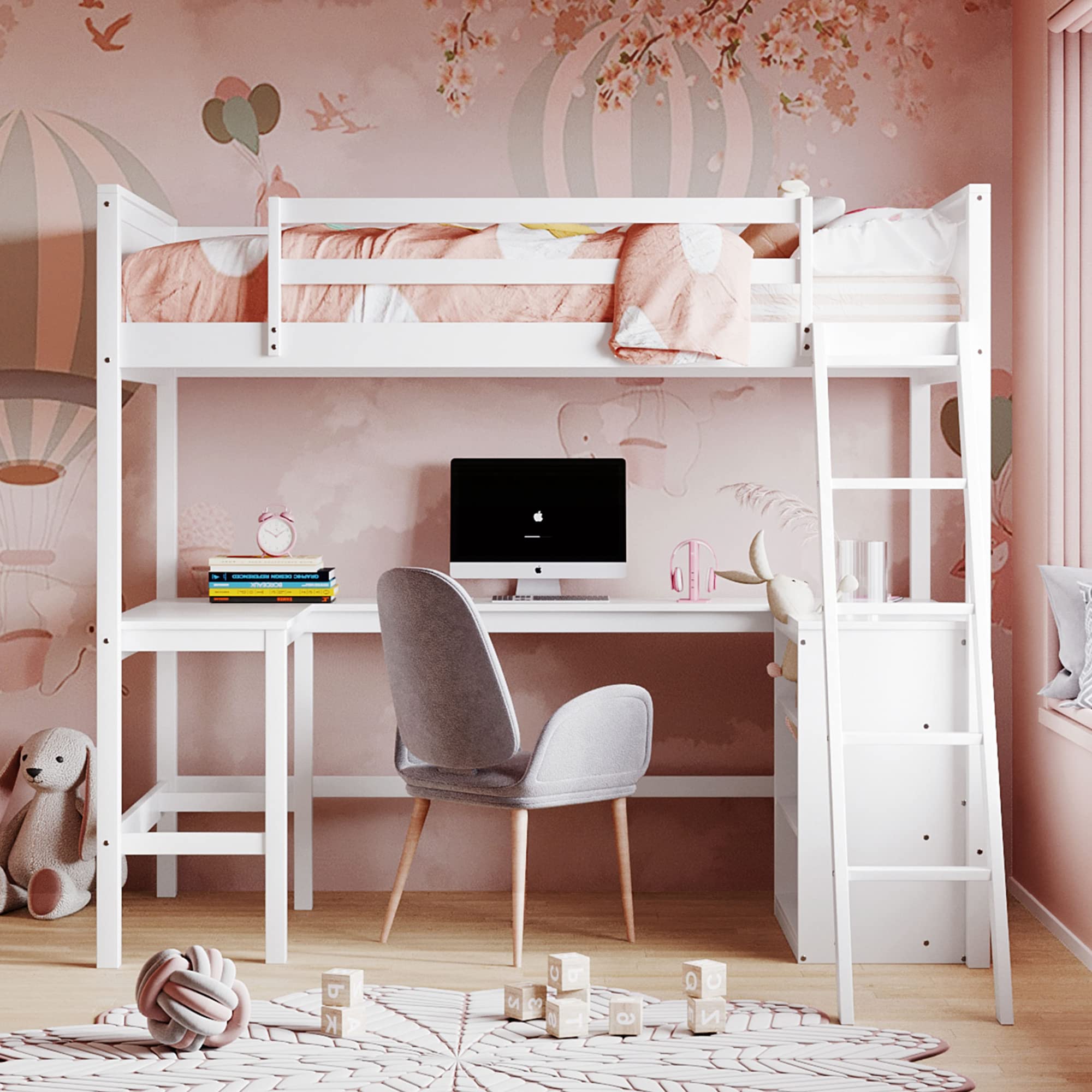 P PURLOVE Twin Loft Bed Frame with Shelves & Desk - Sturdy Wood Loft Bed for Teens, Kids & Adults - Space-Saving Design with Angled Ladder - No Box Spring Needed (White) - Perfect for Small Bedrooms, Dorms & Studio Apartments