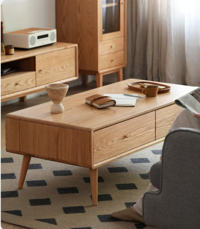 Solid Oak and Ash Wood Modern Nordic Coffee Table - Minimalist Living Room Furniture for Small Spaces and Apartments