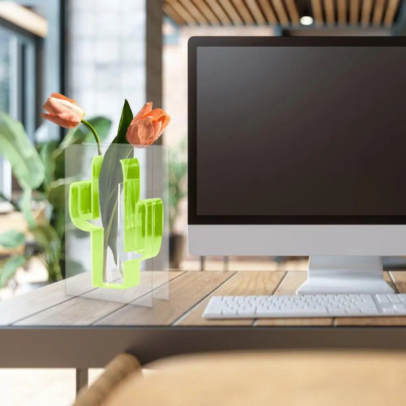 Neon Cactus Acrylic Vase & Desktop Organizer - Modern Home Office Decor for Pens, Pencils & Makeup Brushes - Perfect for Workstations, Desks & Gift Ideas