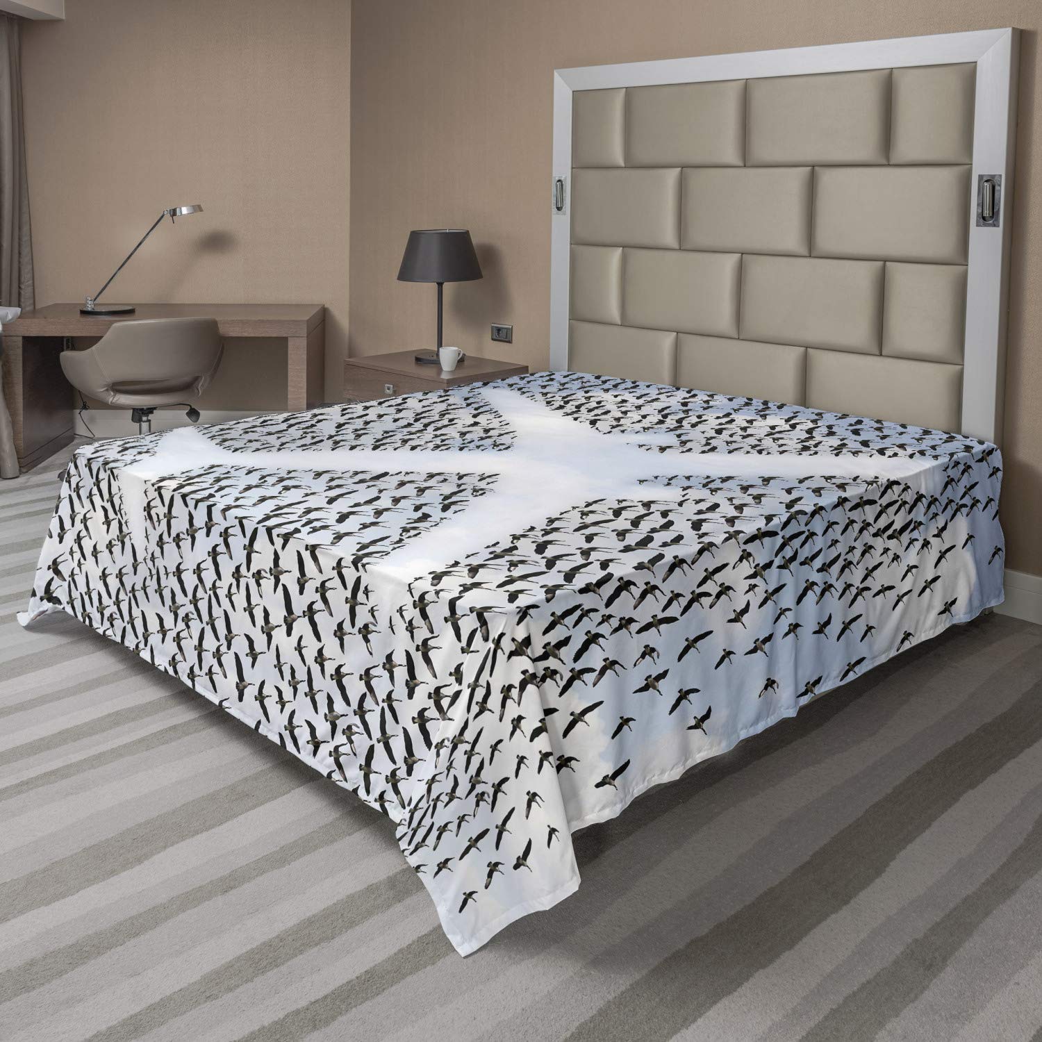 Ambesonne Queen Size Travel Flat Sheet - Soft Comfortable Airplane & Doves Sky Design Decorative Bedding | Perfect for Vacation Homes, Guest Rooms & Adventure Themed Bedrooms (Pale Blue Black White)
