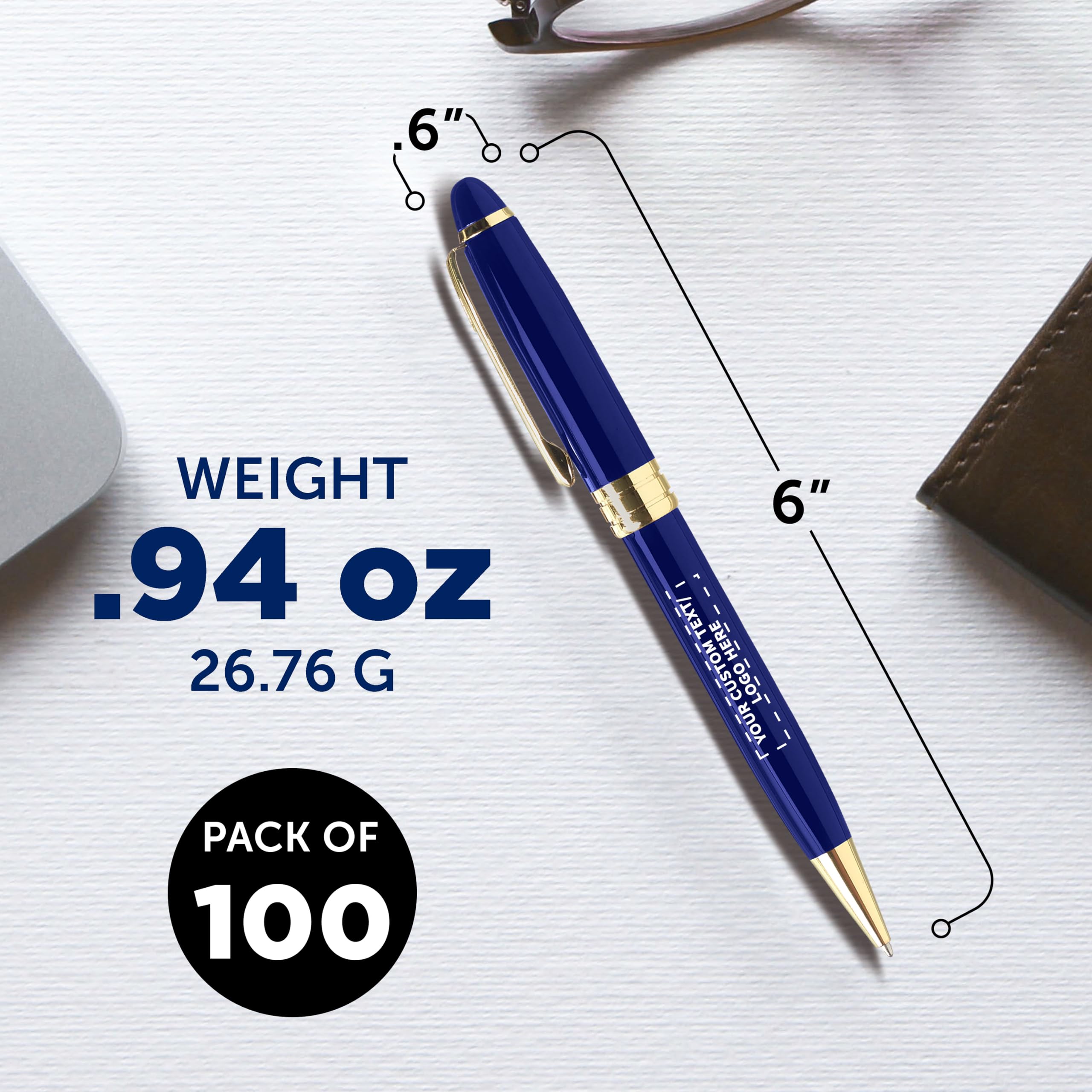 100 Premium Executive Pens Bulk Pack - Custom Engraved Text & Logo - Twist Mechanism with Gold Accent - Blue Ink - Perfect for Corporate Gifts, Business Events & Office Supplies
