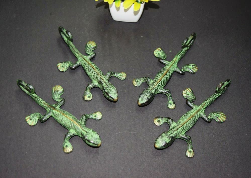 Brass Lizard Wall Hooks Set of 4 - Reptile Key Holder for Home Decor